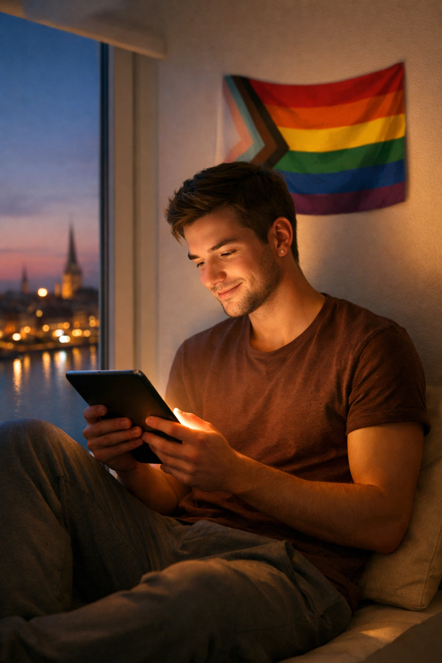 A young man reading MM romance on a tablet, reflecting the impact of LGBTQ+ representation in literature.