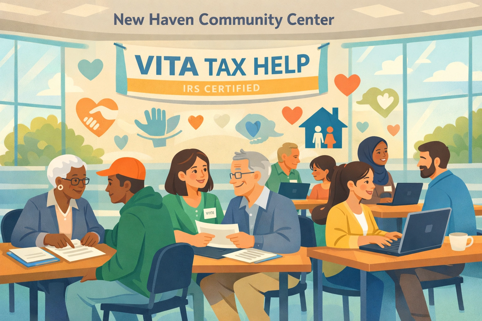 VITA volunteers providing free tax preparation help to New Haven taxpayers