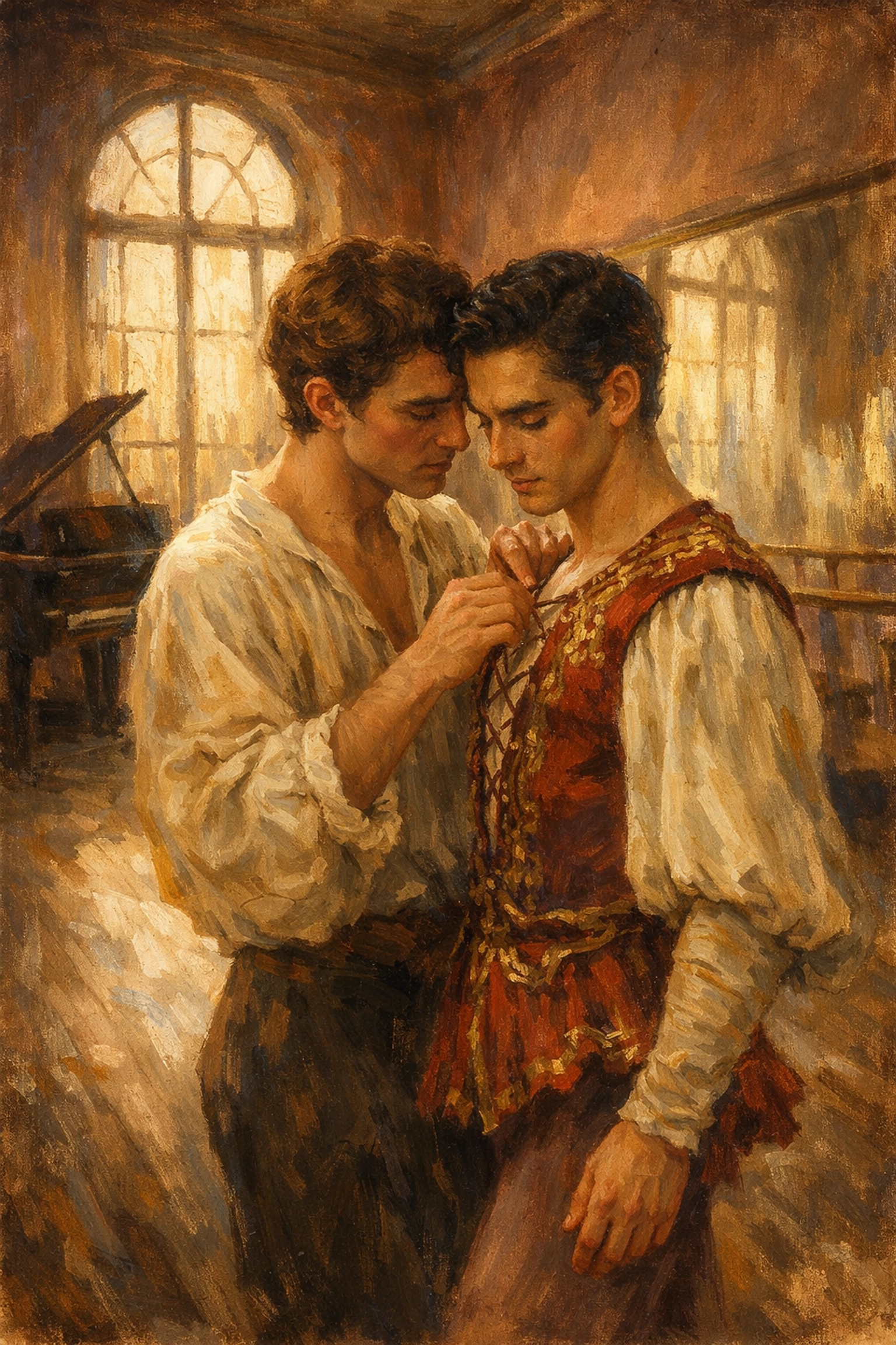 Two male Ballets Russes dancers share intimate moment in rehearsal studio reflecting queer artistic bonds