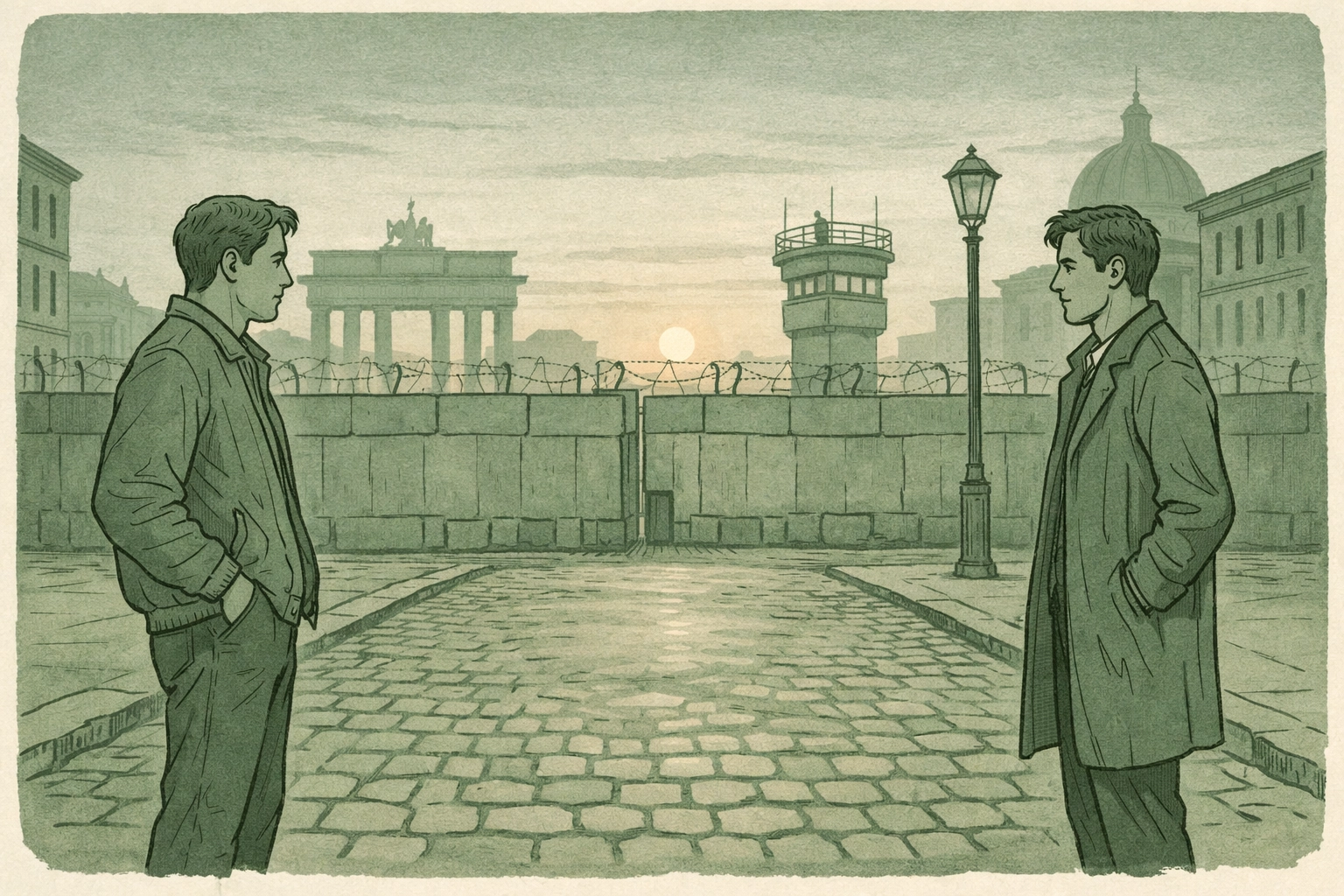 Historical MM romance in Cold War Berlin depicting forbidden love between two men at dawn