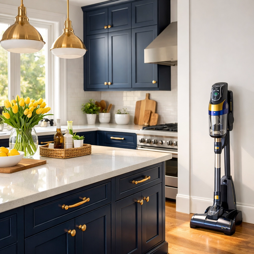 Spotless modern kitchen with white countertops and HEPA vacuum provided by House Cleaning Arlington MA experts.