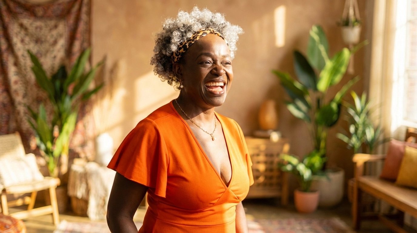 Joyful Woman in Orange Dress