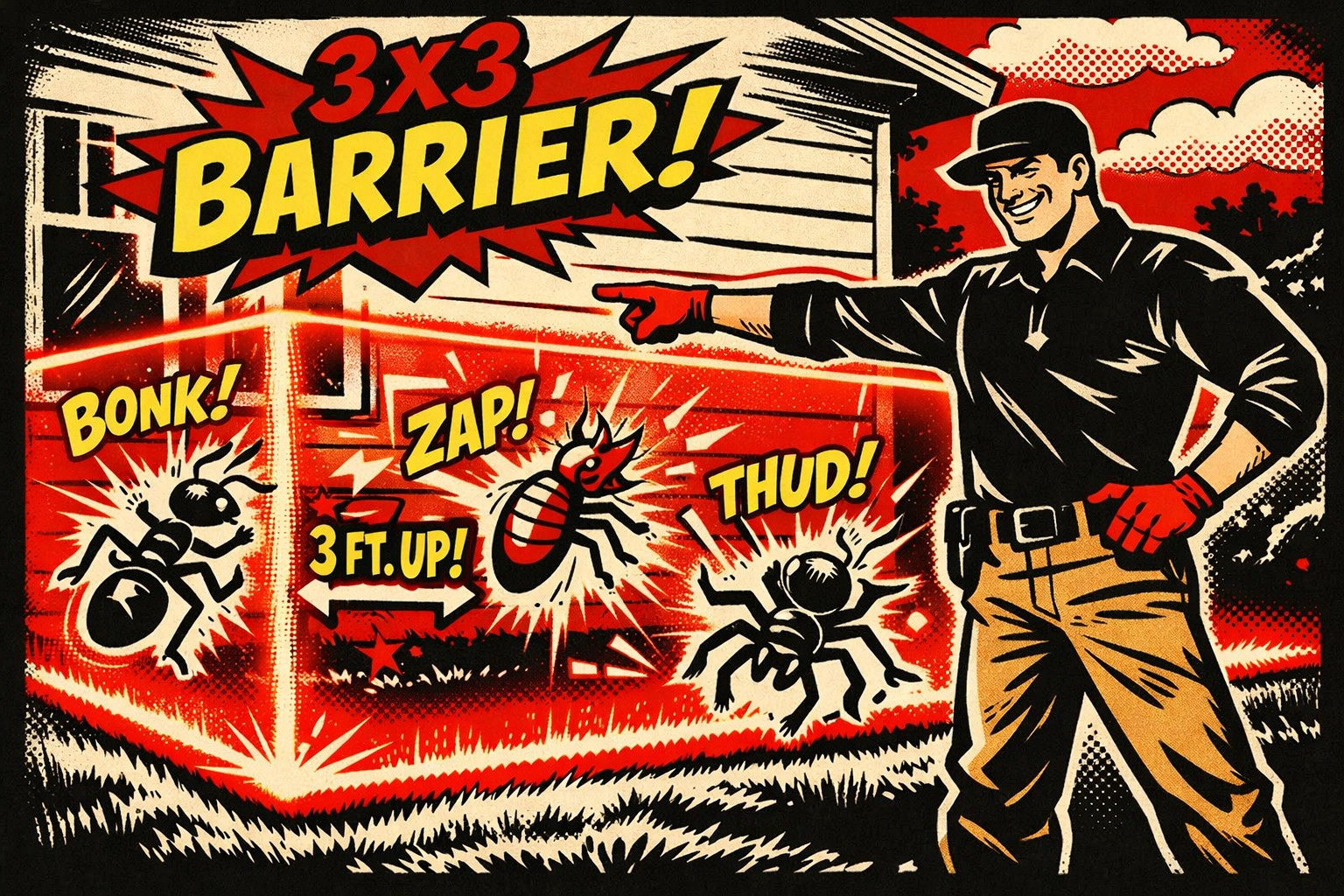 Professional technician applying the signature Pest X 3x3 barrier to protect a Jasper home from ants.