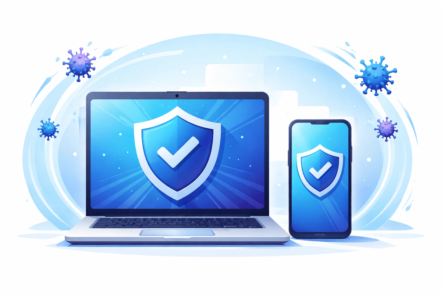 Laptop and smartphone with security shields blocking viruses, illustrating strong antivirus protection for business devices