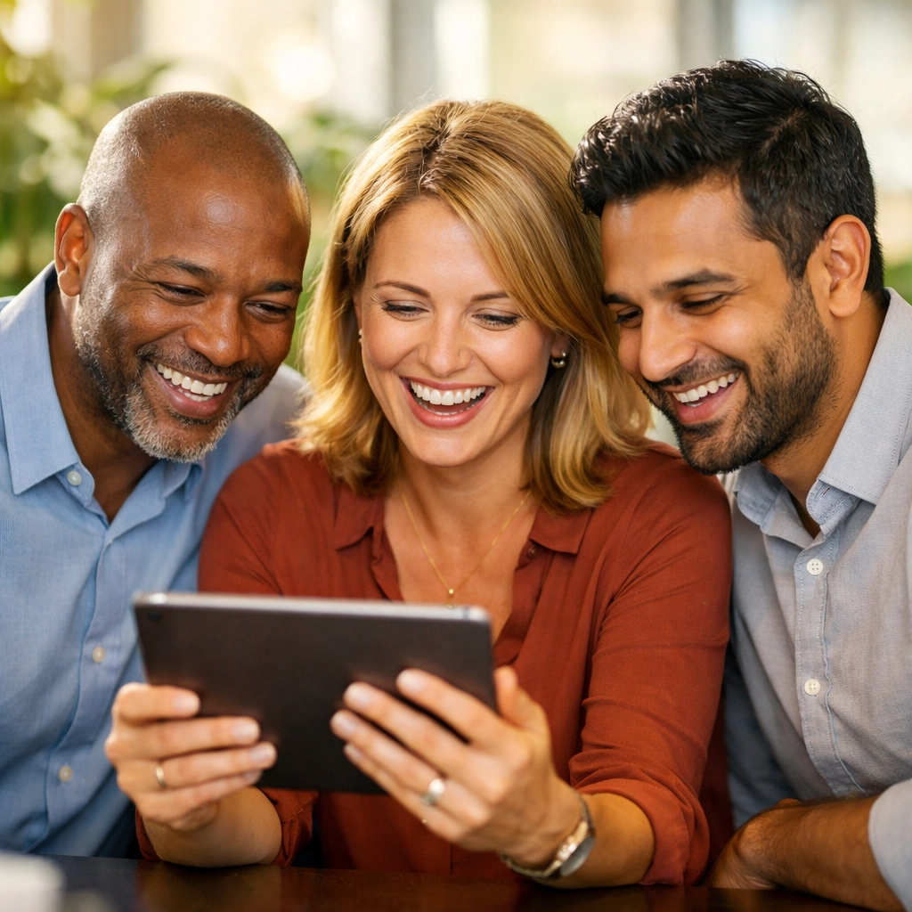 Diverse professional team in a bright office viewing the impact of their corporate giving on a tablet.
