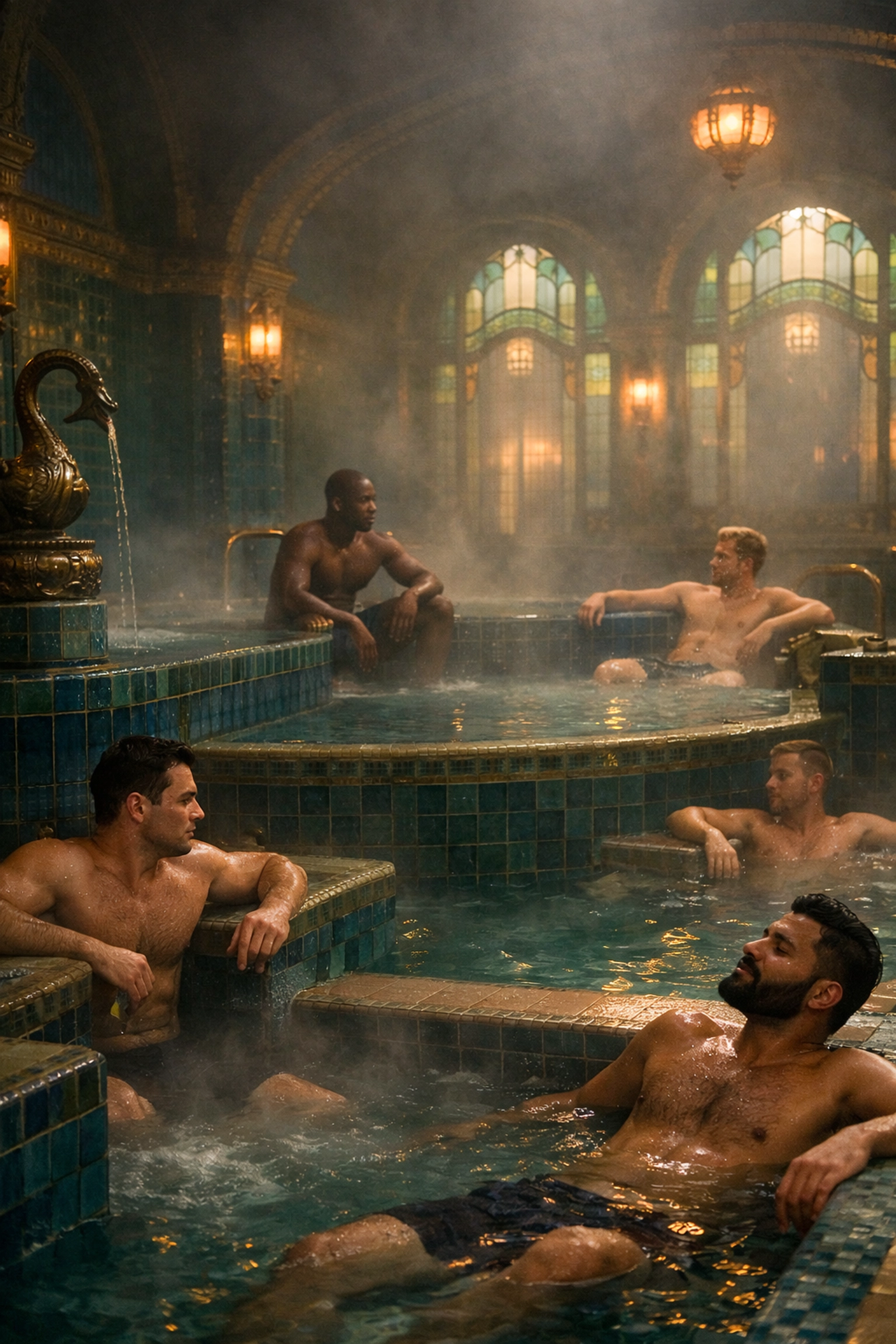 Gay men relaxing in multiple thermal pools at Budapest's Gellért Baths LGBTQ+ friendly spa