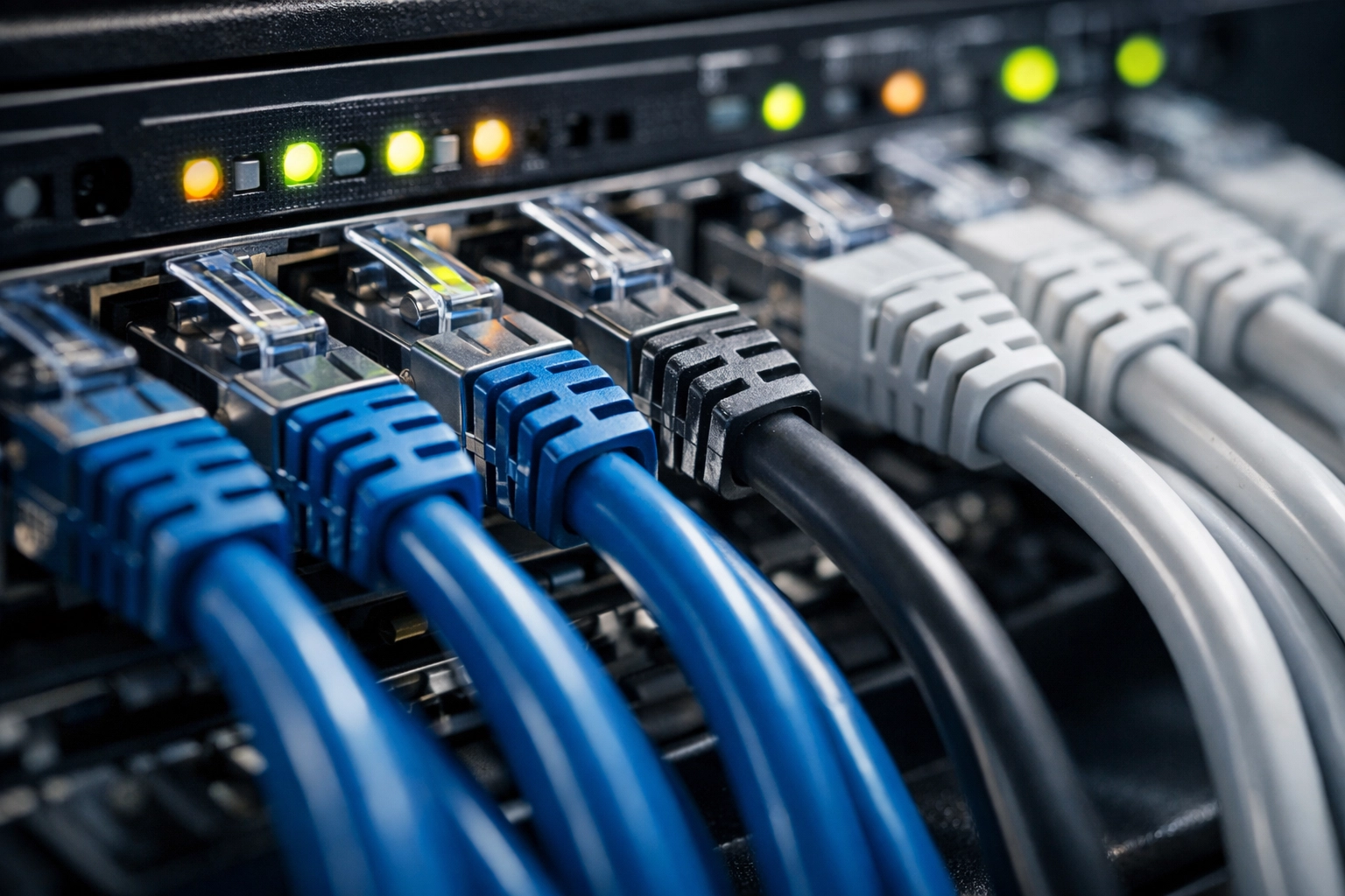 Professionally organized ethernet cables in a server rack for high-quality structured cabling services.
