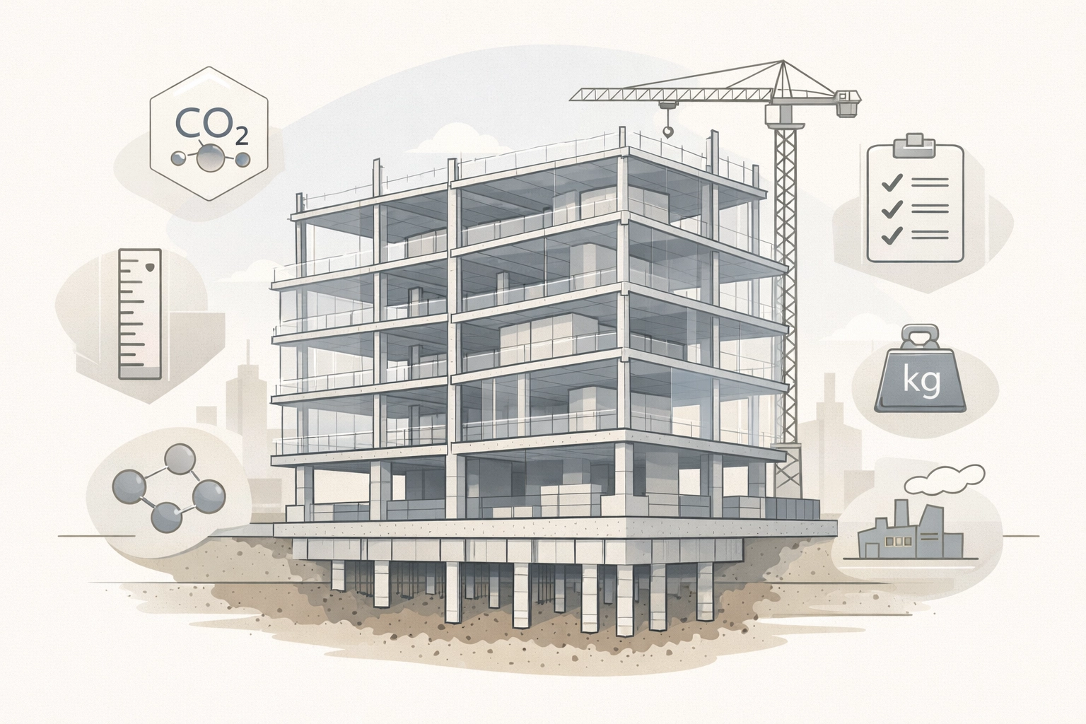 Building construction cross-section showing embodied carbon emissions in materials