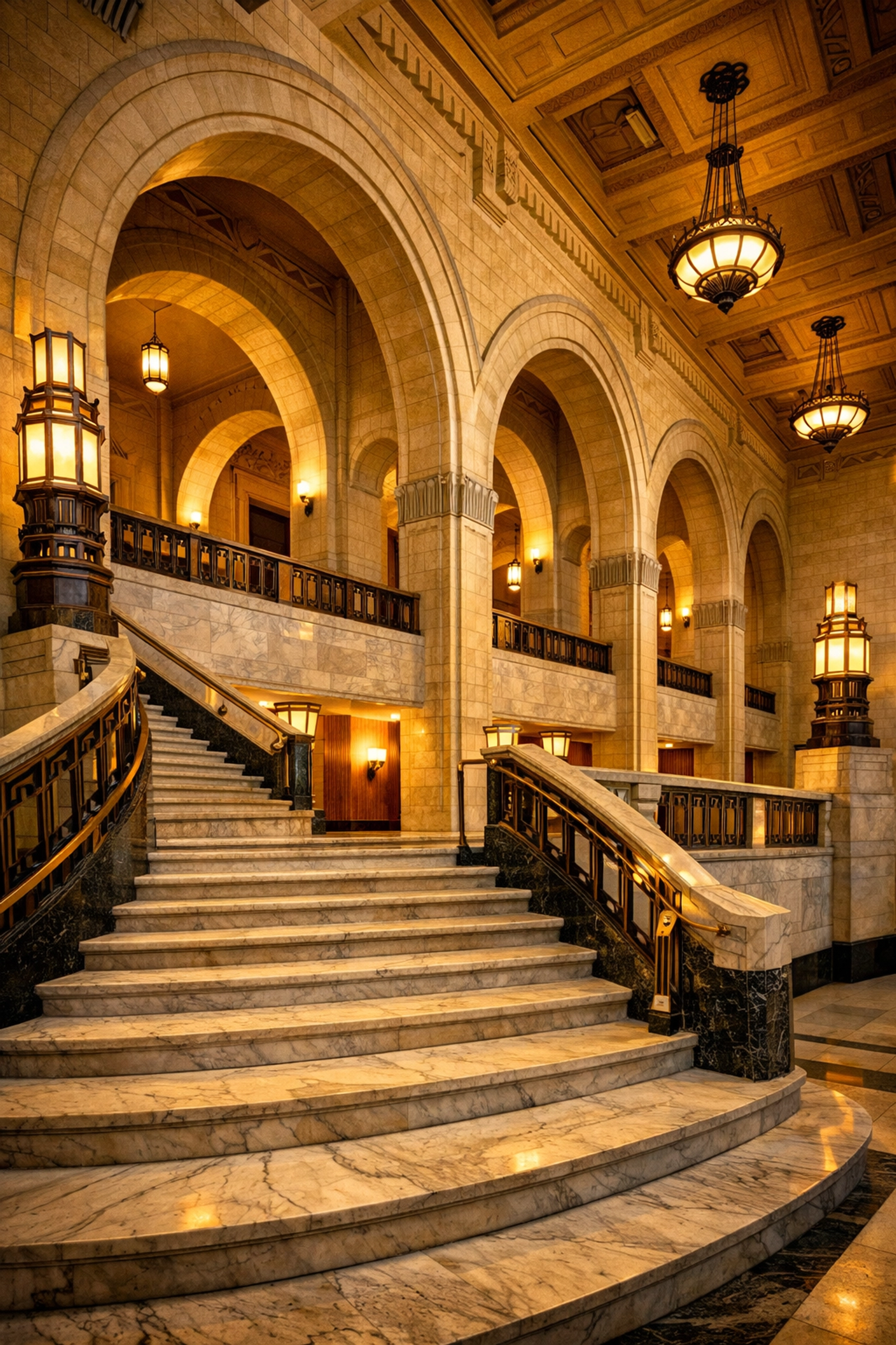 Ornate Art Deco interior and grand marble staircase of the historic Ernest-Cormier building in Montreal.