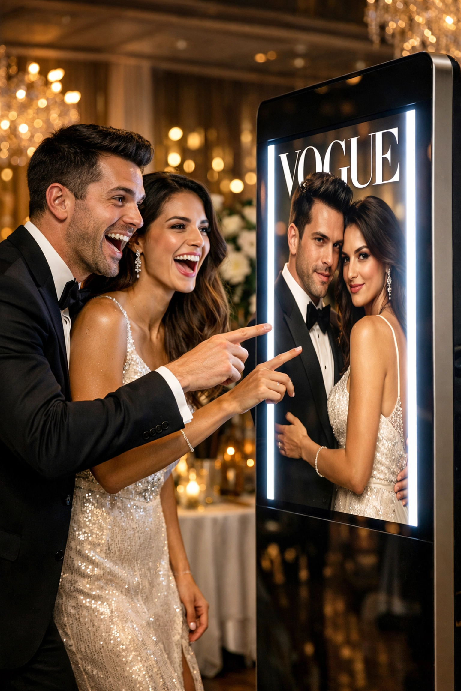 Couple viewing high-quality AI-generated portraits at a luxury Toronto wedding photo booth experience.