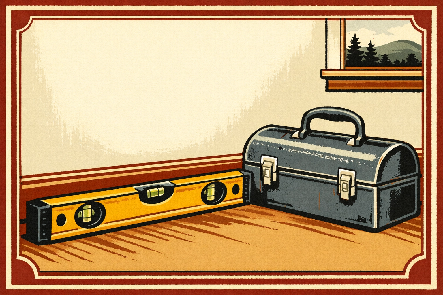 A professional carpenter's level and toolbox next to a perfectly repaired and finished drywall surface.