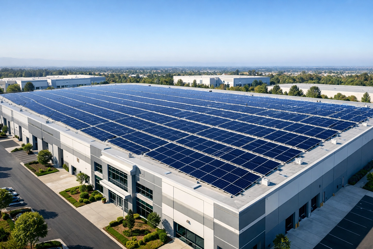 Large commercial solar panel array on a warehouse roof helping Dorset businesses reduce energy costs.