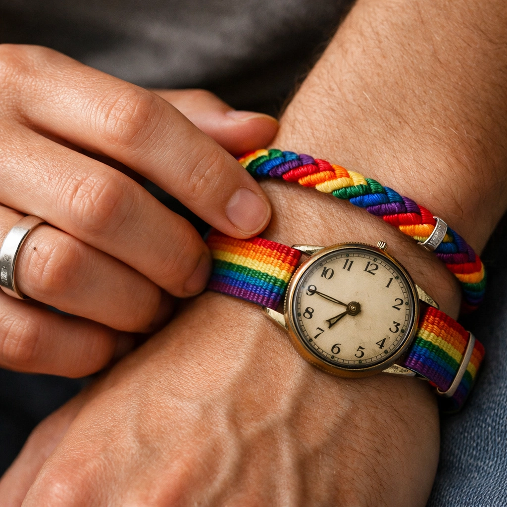 Hands wearing meaningful LGBTQ+ jewelry including pride bracelet and rainbow watch band