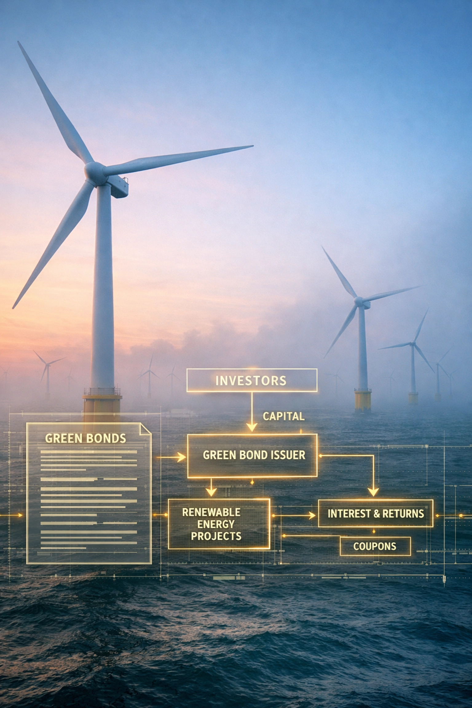 Offshore wind farm at dawn with a digital overlay showing green bond structures and sustainable finance impact.