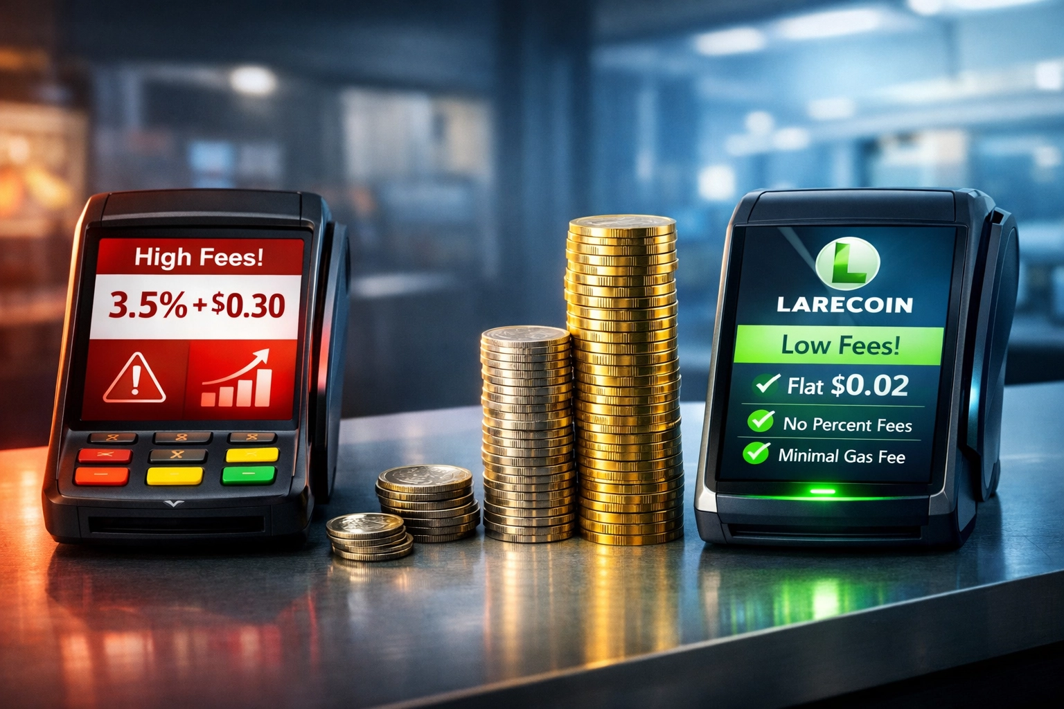 Crypto POS fee comparison showing Larecoin's gas-only costs vs NOWPayments percentage fees with savings