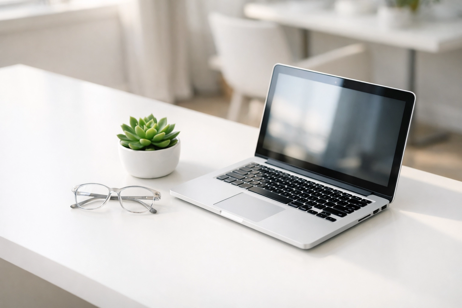 Minimalist office desk with an open laptop, illustrating digital decluttering for small business owners.