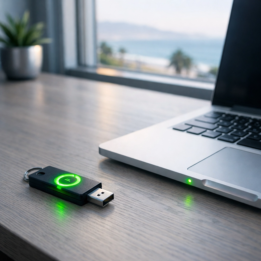 Secure workstation with a hardware security key in a Ventura office, showcasing managed IT services compliance.