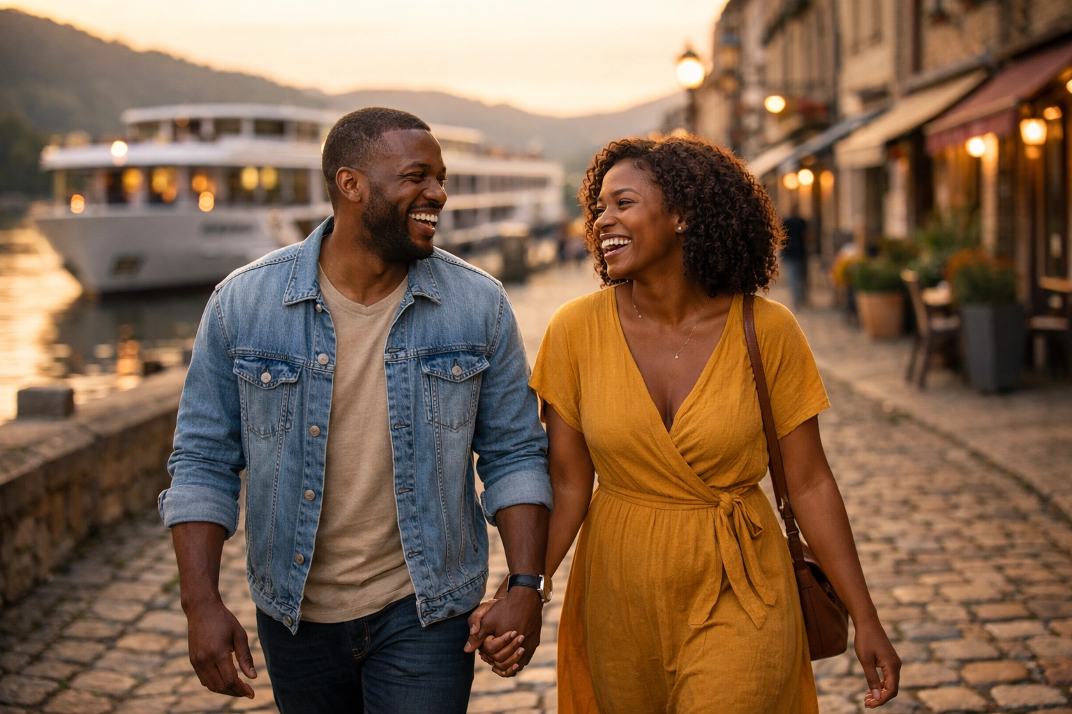 Happy couple walking near a river cruise ship booked with the help of an Omaha travel agent.
