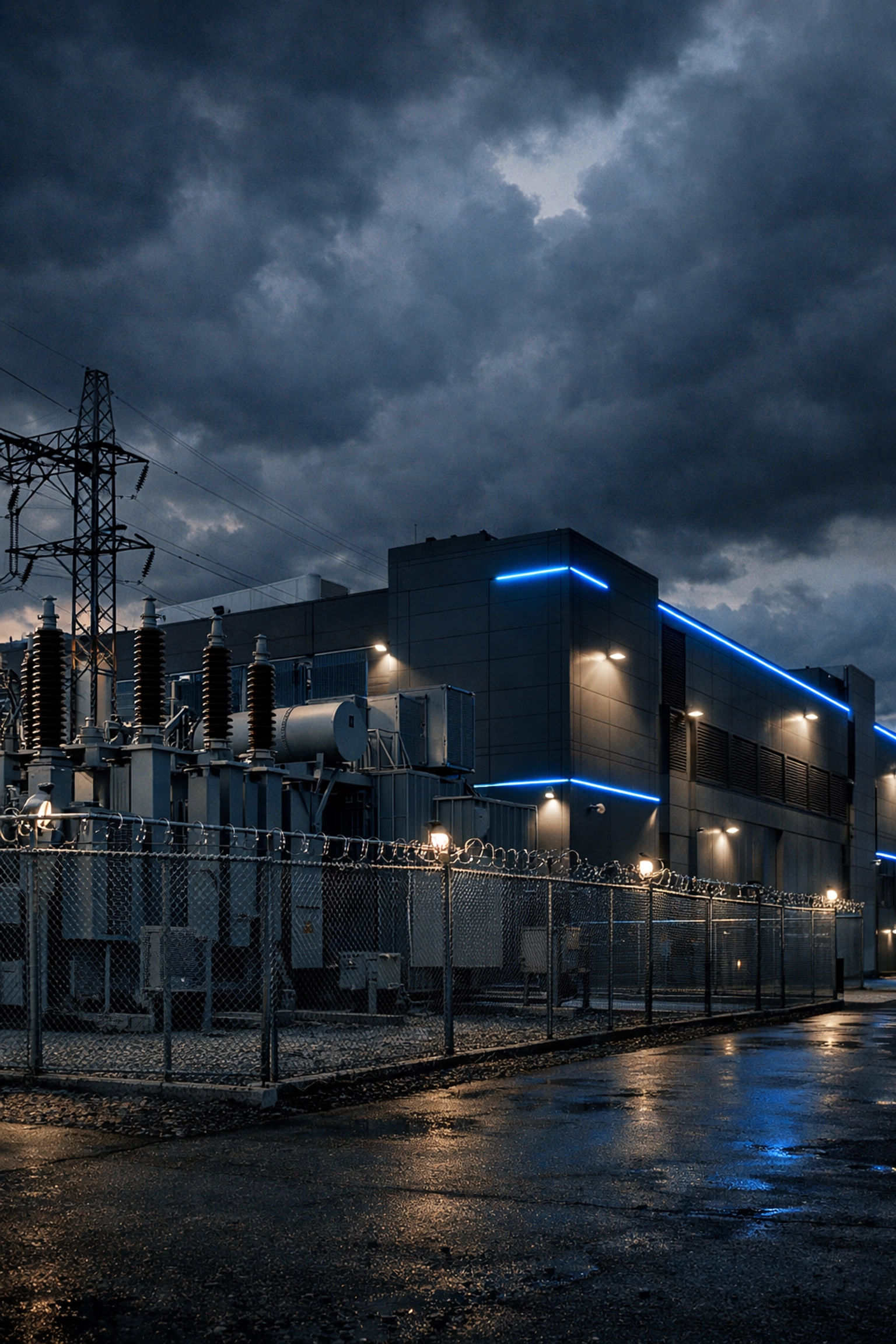 Modern data center facility with electrical substation infrastructure in foreground