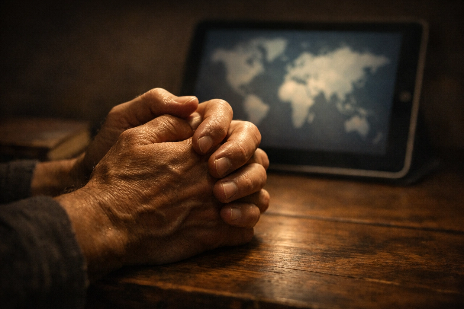 Hands clasped in prayer over a desk with a world map, turning 5 AM headlines into intercession.