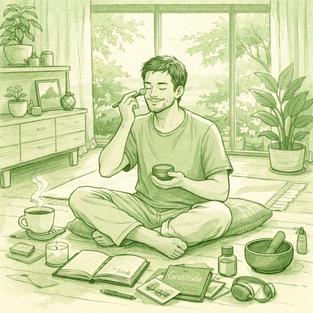 Man practicing self-love and care in peaceful sanctuary surrounded by journals