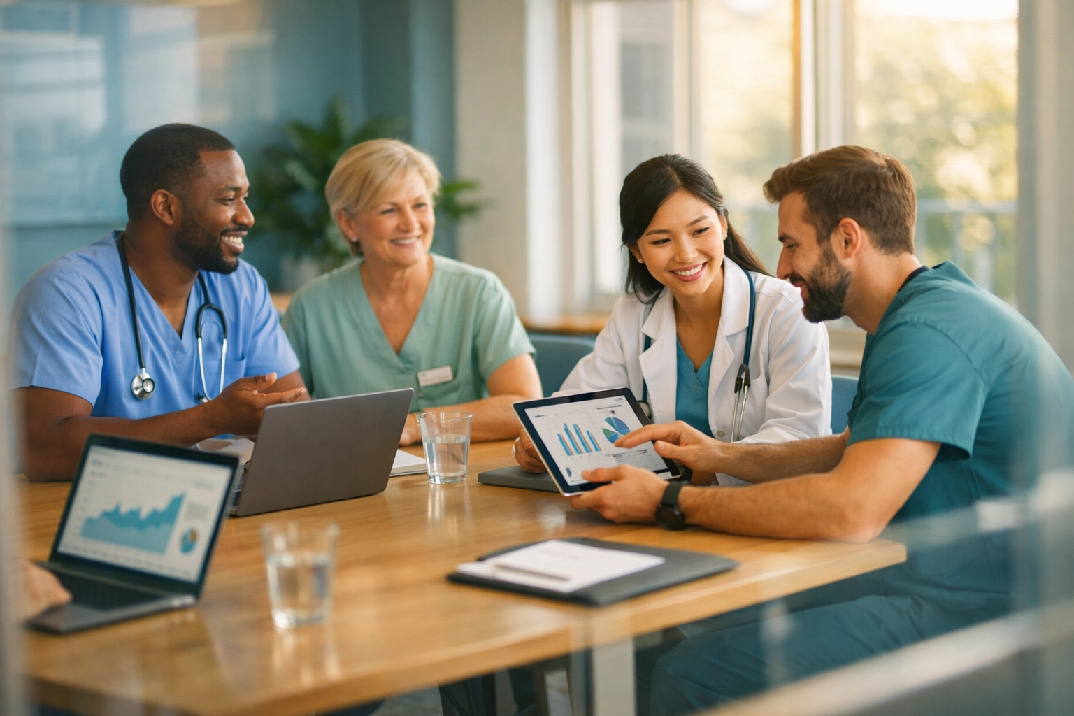 Healthcare leadership team collaborating on QAPI data and quality improvement initiatives