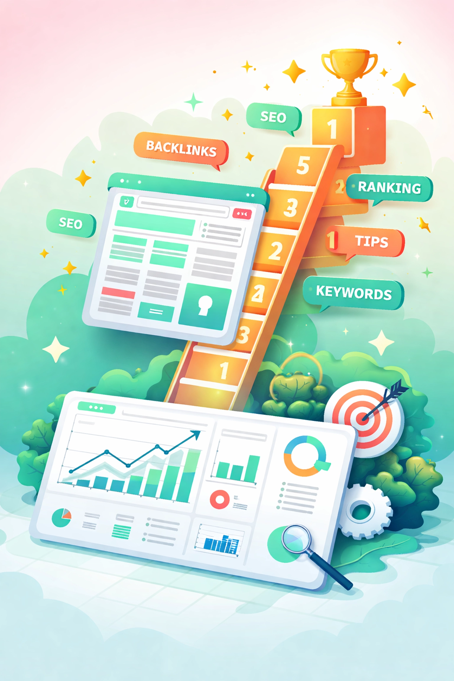 Website ascending a search results ladder with ranking indicators, visualizing SEO improvement using SWT SEO Tools.