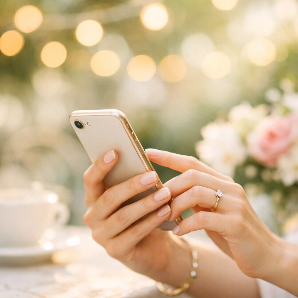 Bride using a mobile wedding planning app for digital invites in a garden setting.