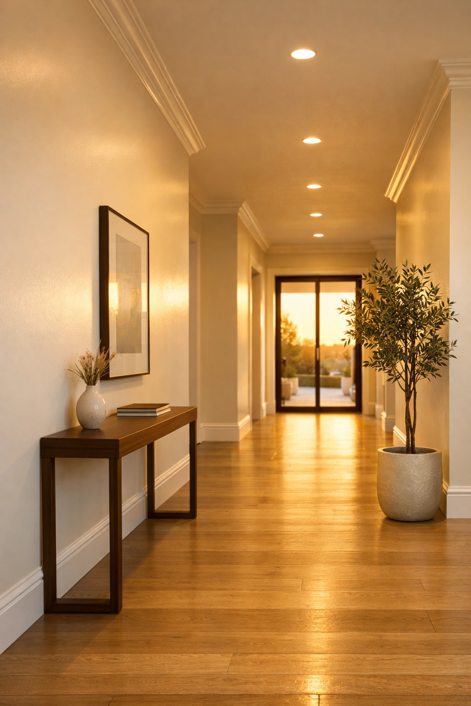 Durable interior painting Orlando hallway with off-white walls in a high-traffic luxury home.