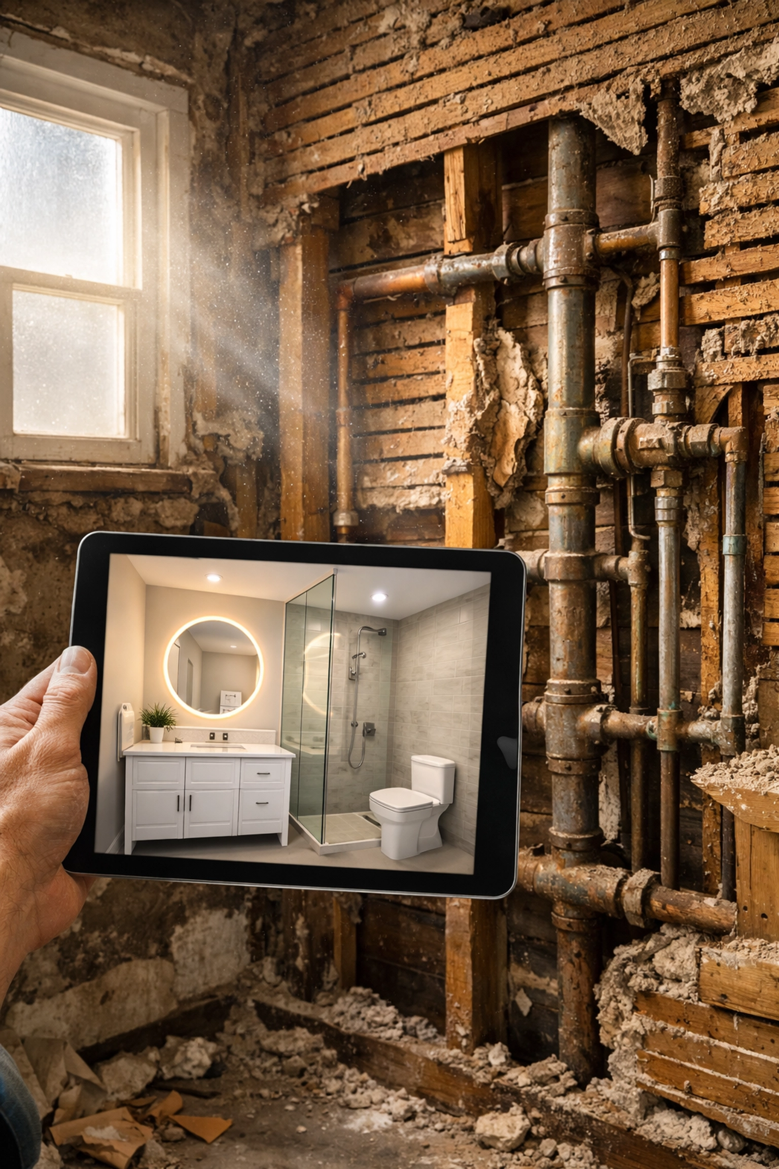 Professional bathroom remodeling in Philadelphia featuring exposed plumbing and modern renovation planning.