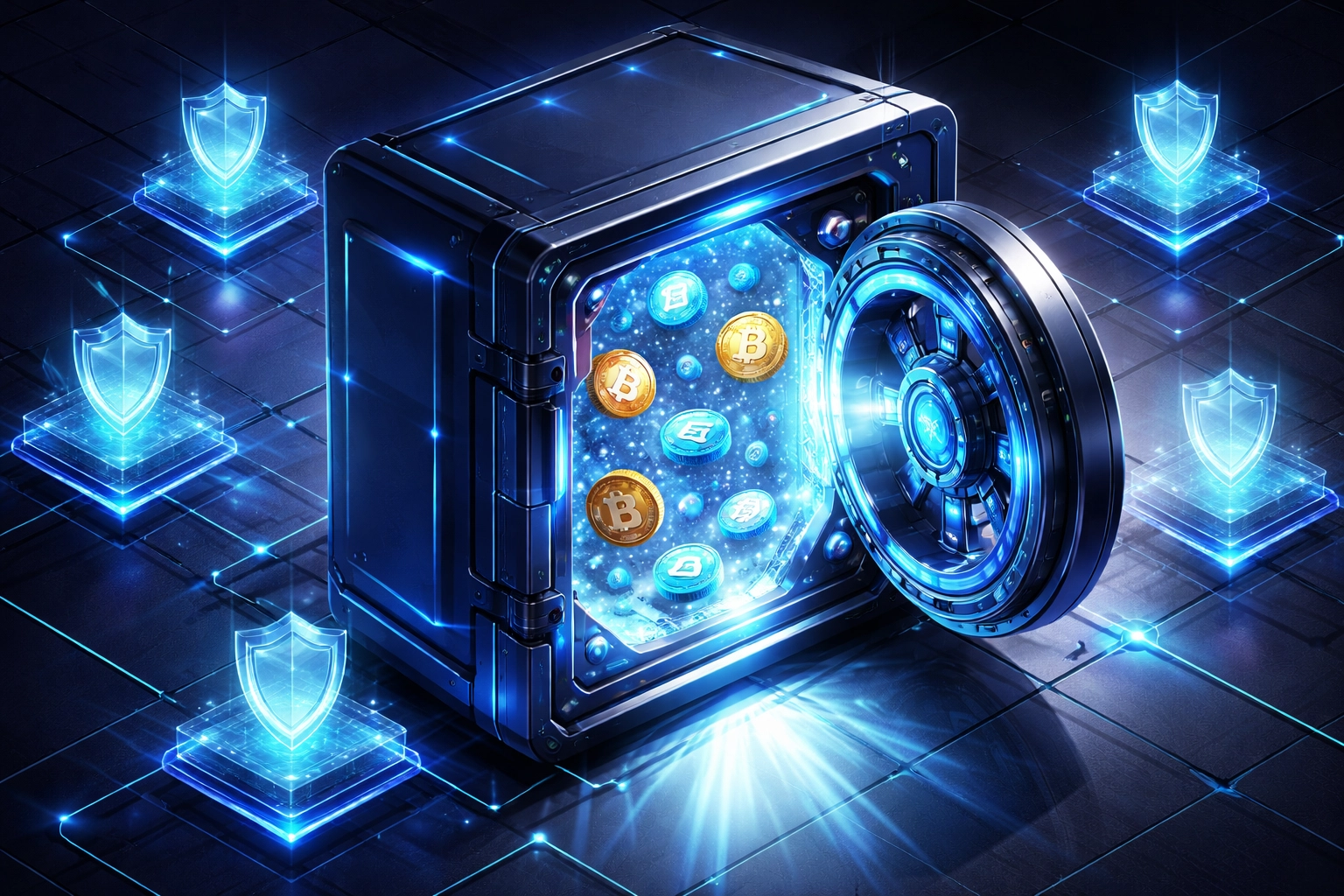 Open digital safe surrounded by blockchain nodes illustrating self-custody and financial sovereignty for Web3 payment systems