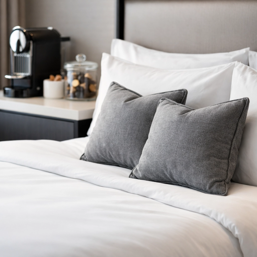 Luxury corporate bedroom featuring premium white linens and a coffee station for high-paying professional guests.