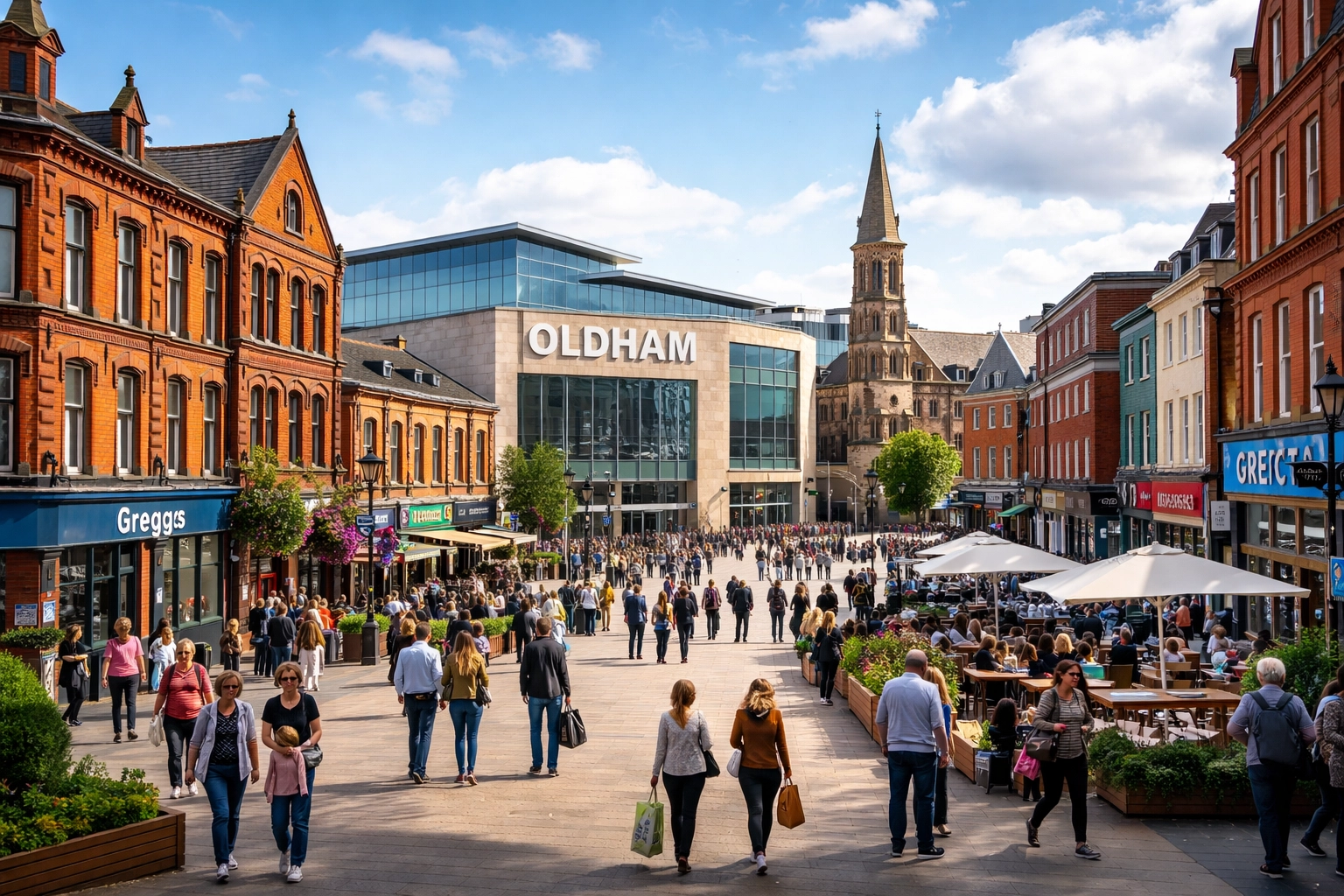 Oldham town center with modern and traditional buildings, highlighting property investment opportunities for foreign nationals