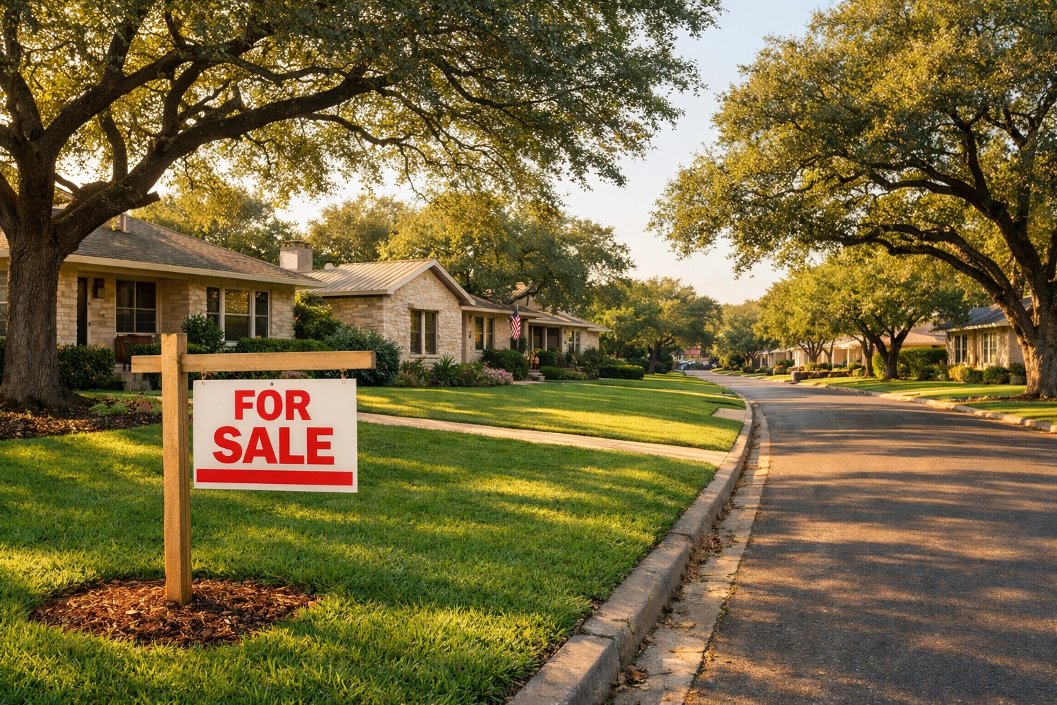 Sun-drenched San Antonio neighborhood with homes for sale, reflecting 2026 real estate market trends.