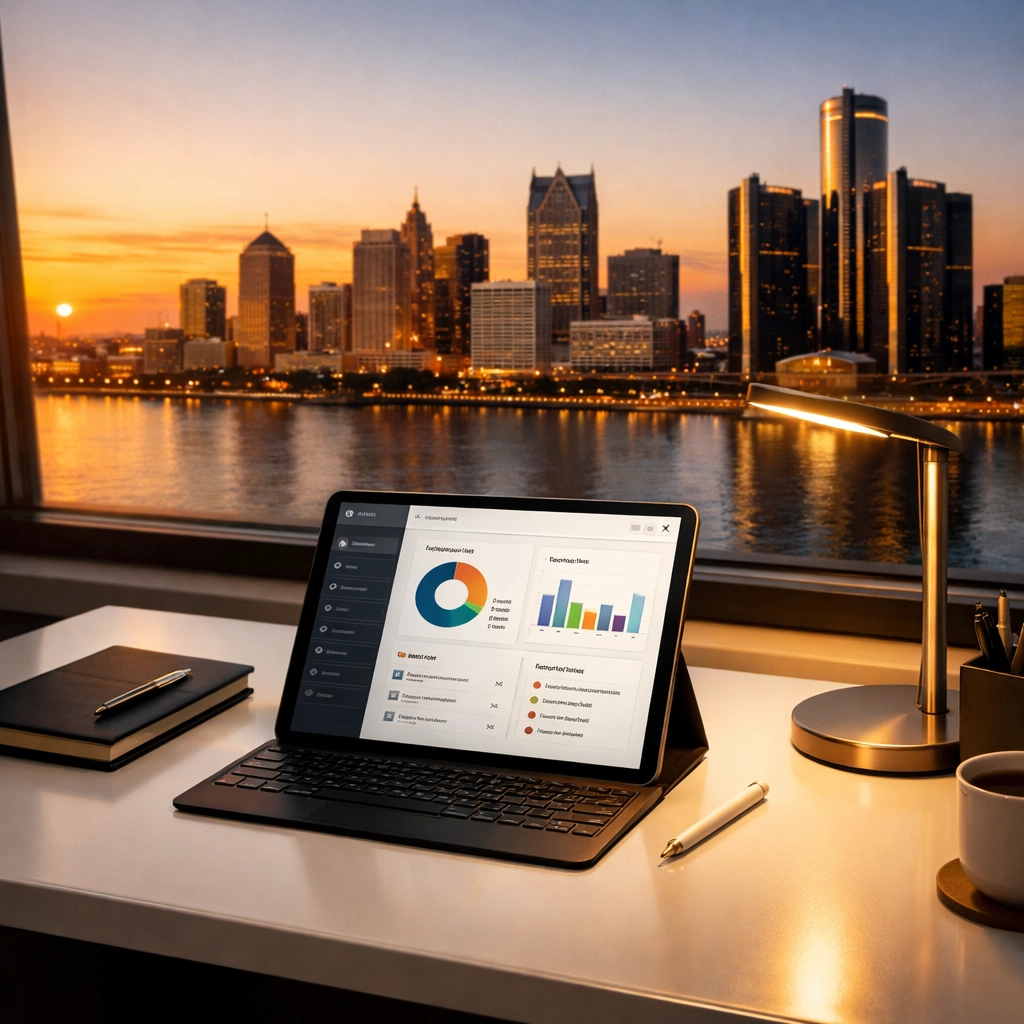 Property manager workspace in Detroit overlooking the skyline, showcasing tech-driven cleaning management.