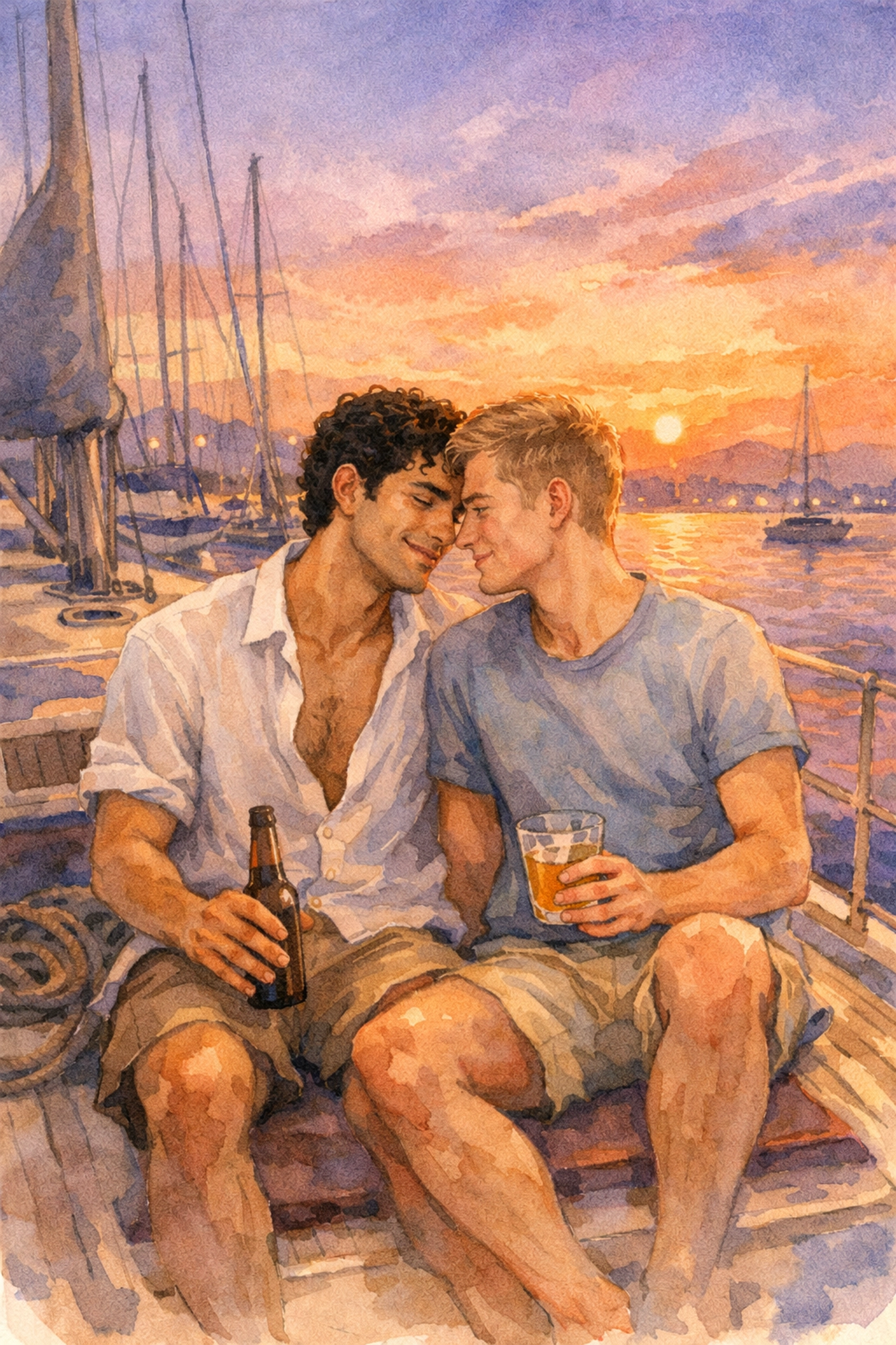Greek and Albanian gay couple enjoying romantic sunset cruise in Thessaloniki