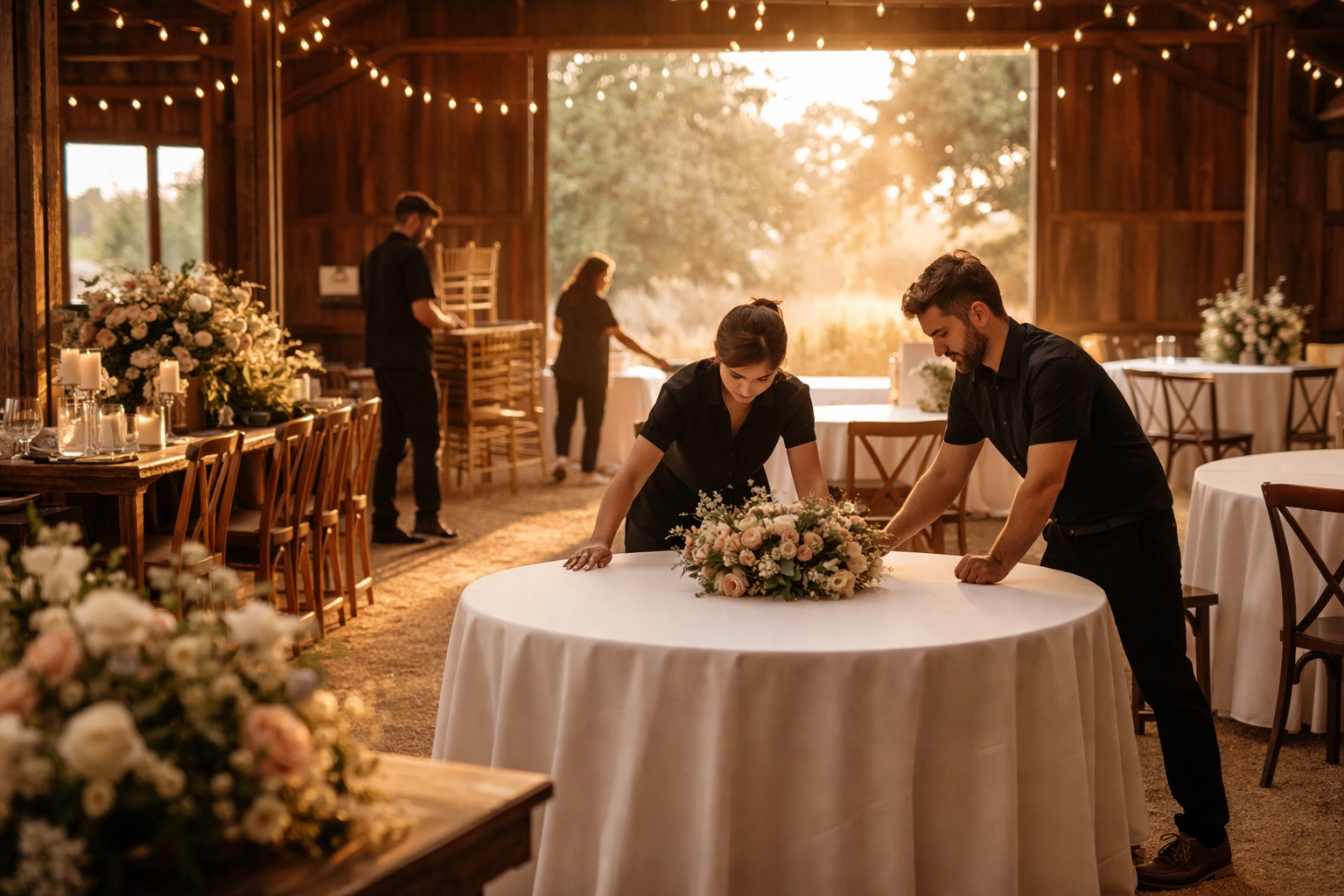Professional event staff for hire setting up tables at a West Texas ranch wedding venue