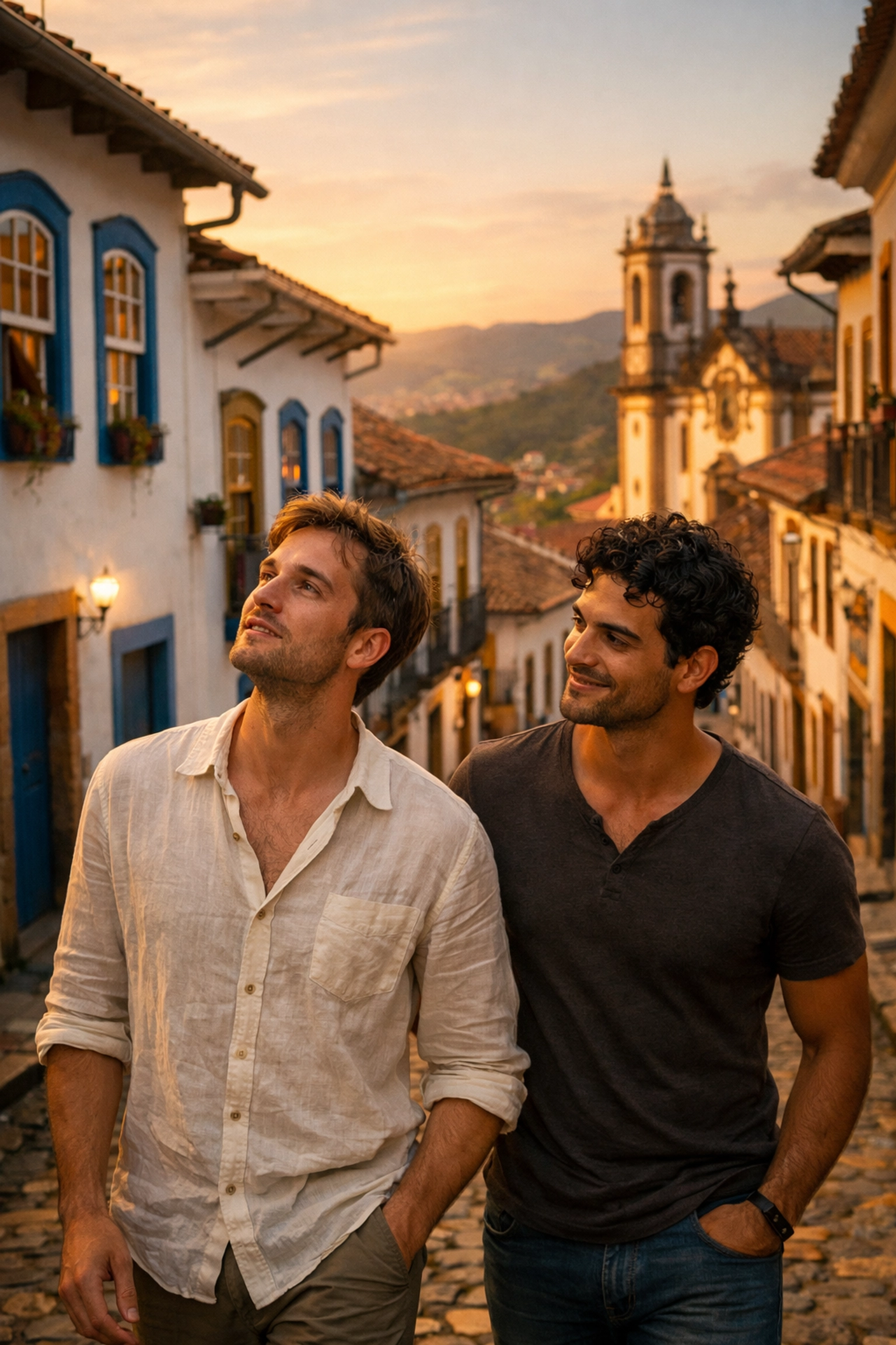 A local guide and foreign historian walking in Ouro Preto, a romantic setting for MM historical fiction.