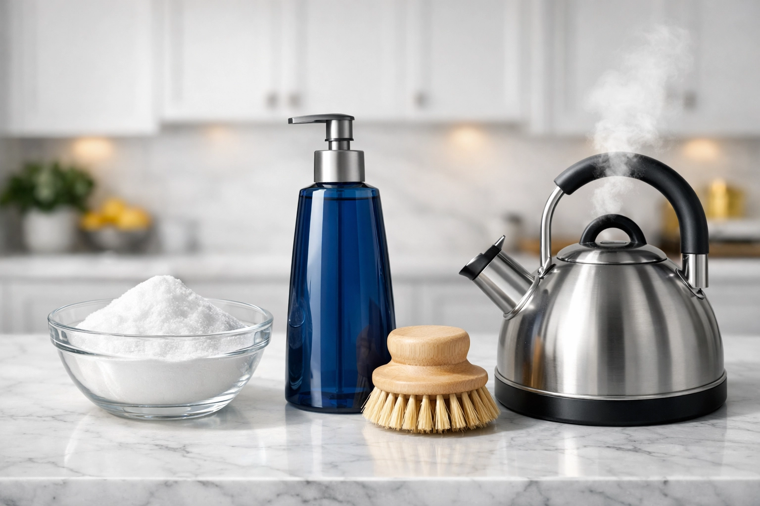 Essential supplies for cleaning range hood filters: baking soda, dish soap, and a natural scrub brush.