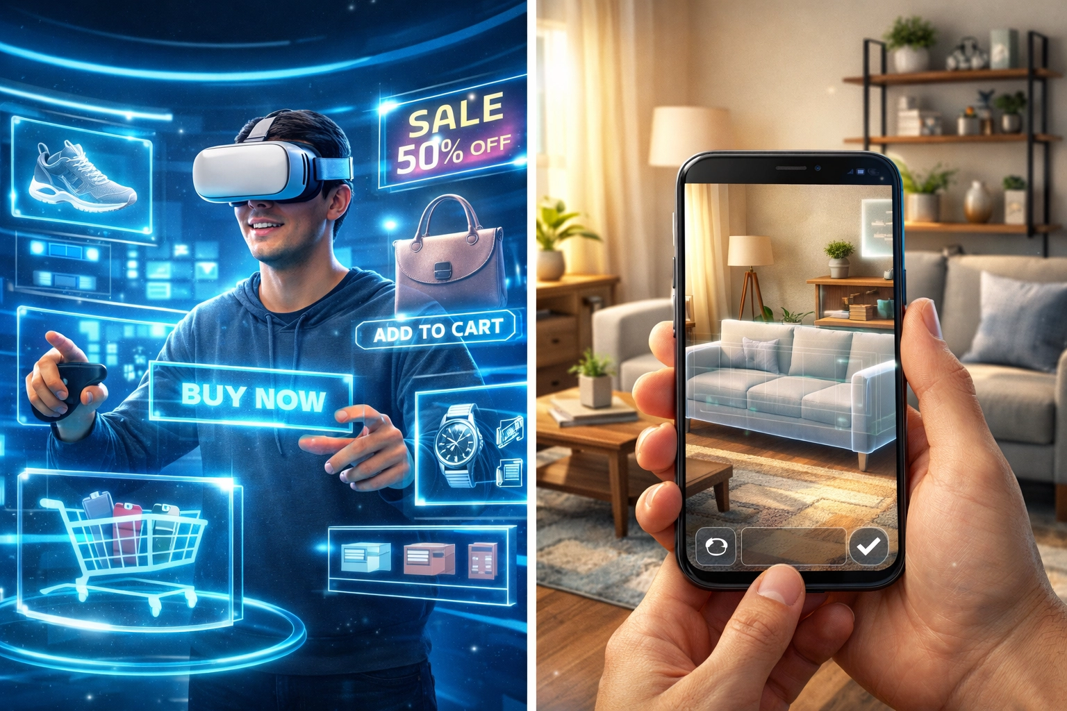 VR headset and AR smartphone comparison showing virtual and augmented reality shopping experiences