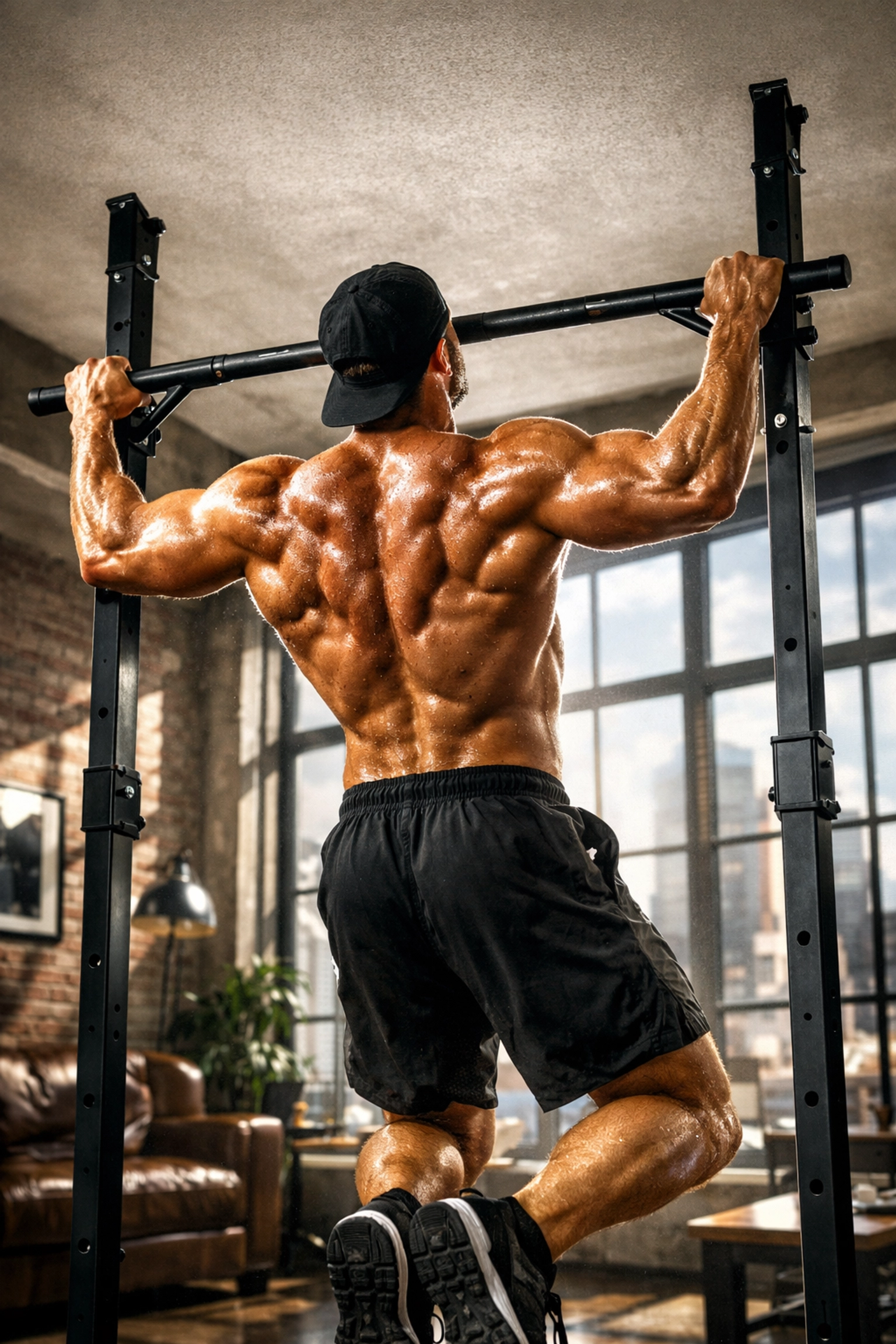 Crossfit athlete performing wide-grip pull-ups on a versatile no wall damage workout system in a home gym.