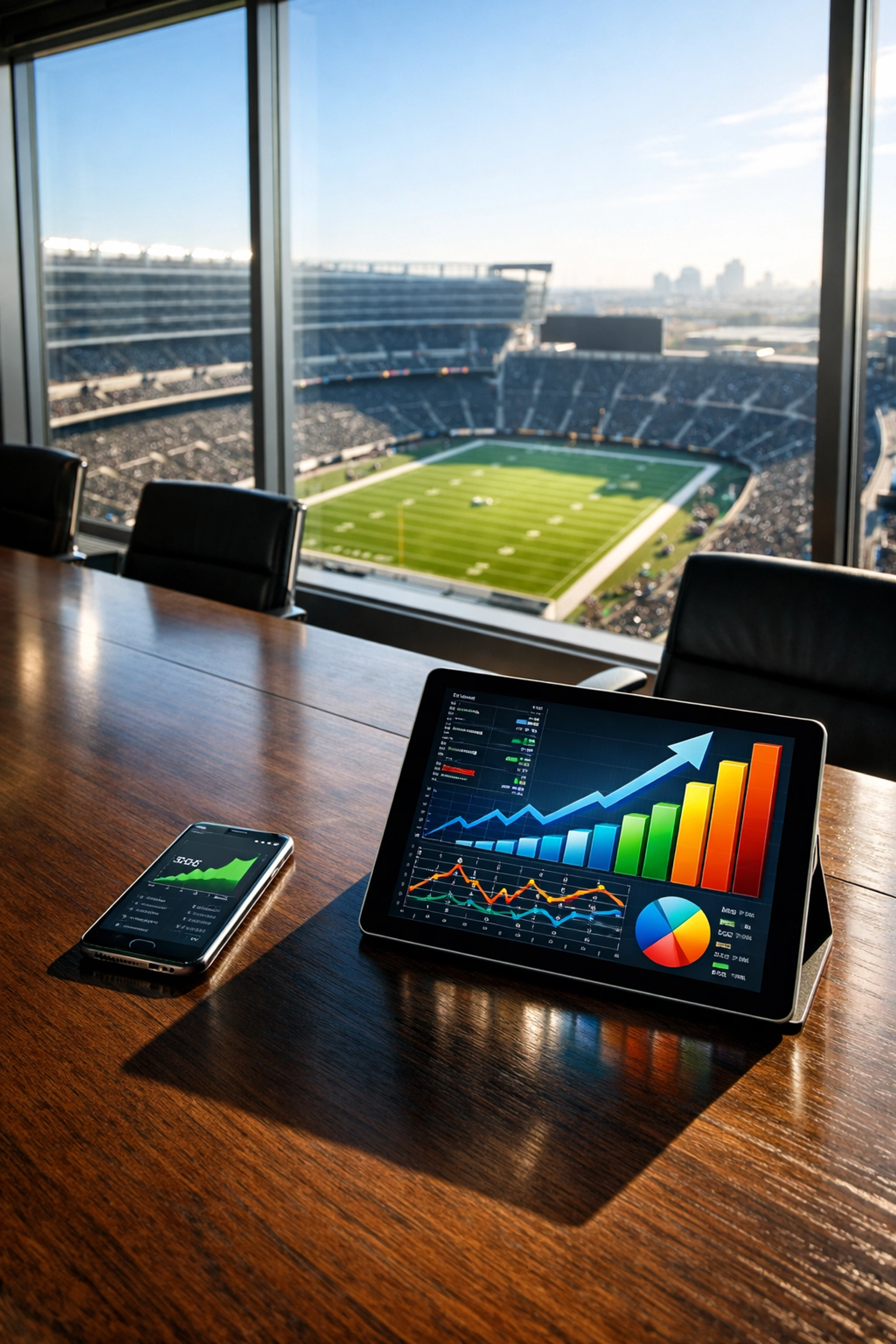 Boardroom with growth charts overlooking a football stadium, illustrating Super Bowl marketing ROI.