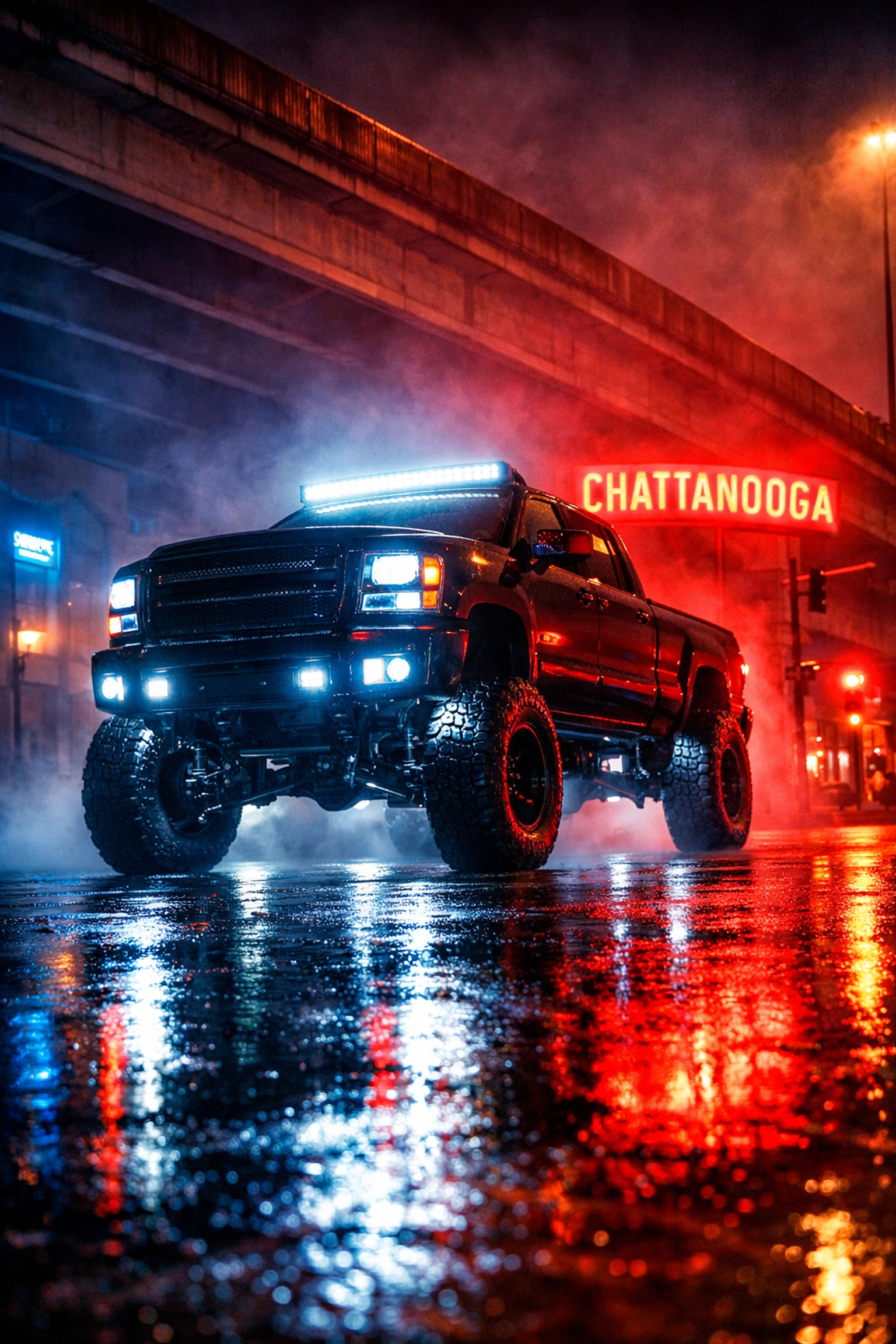 Lifted truck featuring custom LED light bars and rock lighting installed by Ultimate Sounds.