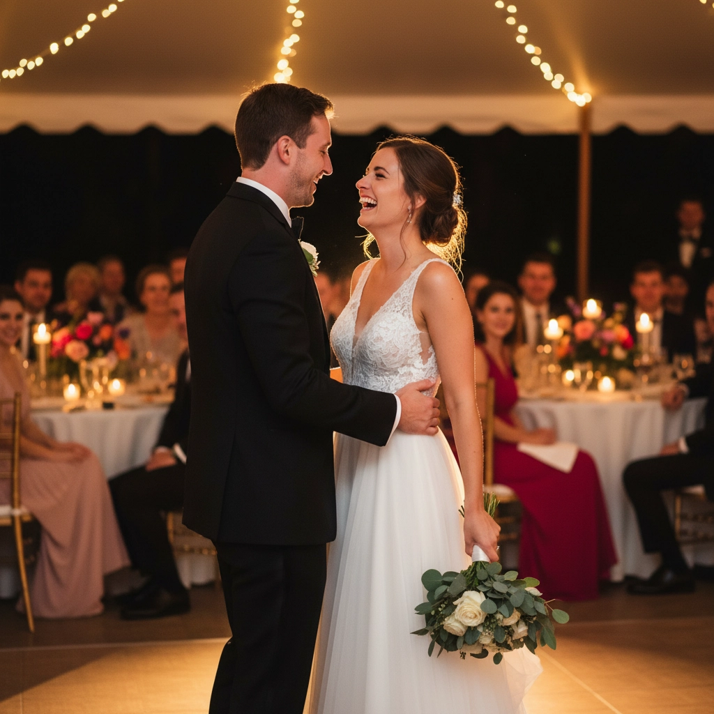 Bride and groom share a joyful dance at a warmly lit wedding reception, surrounded by guests at candlelit tables; she holds a bouquet.