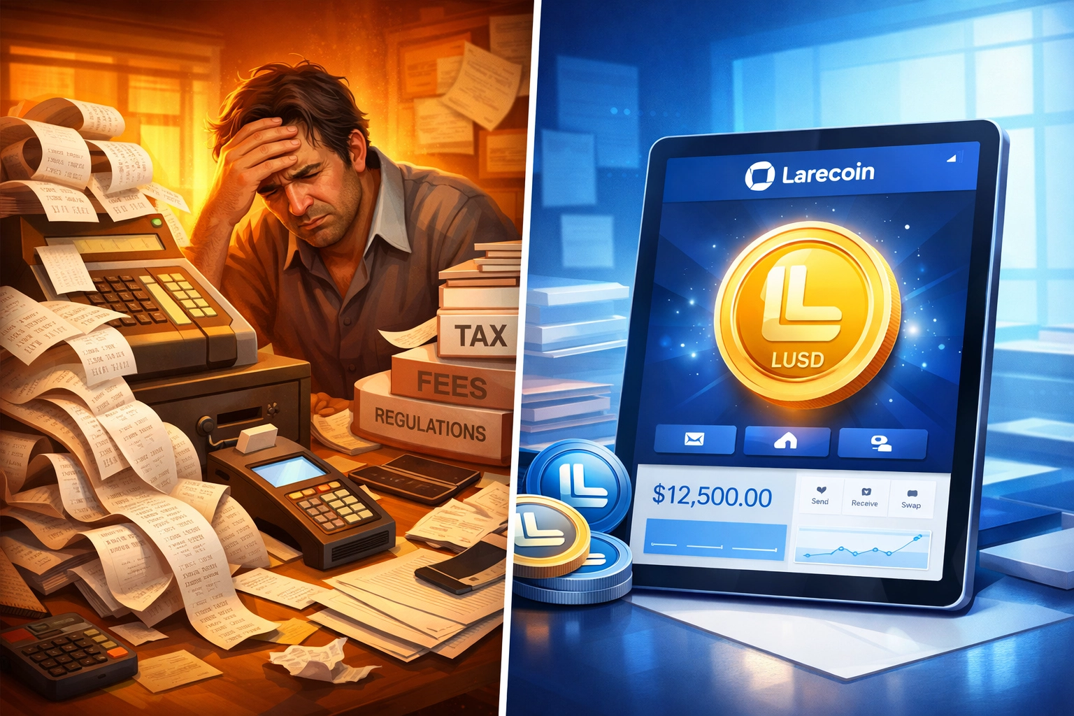 Traditional payment system vs Larecoin crypto POS interface comparison