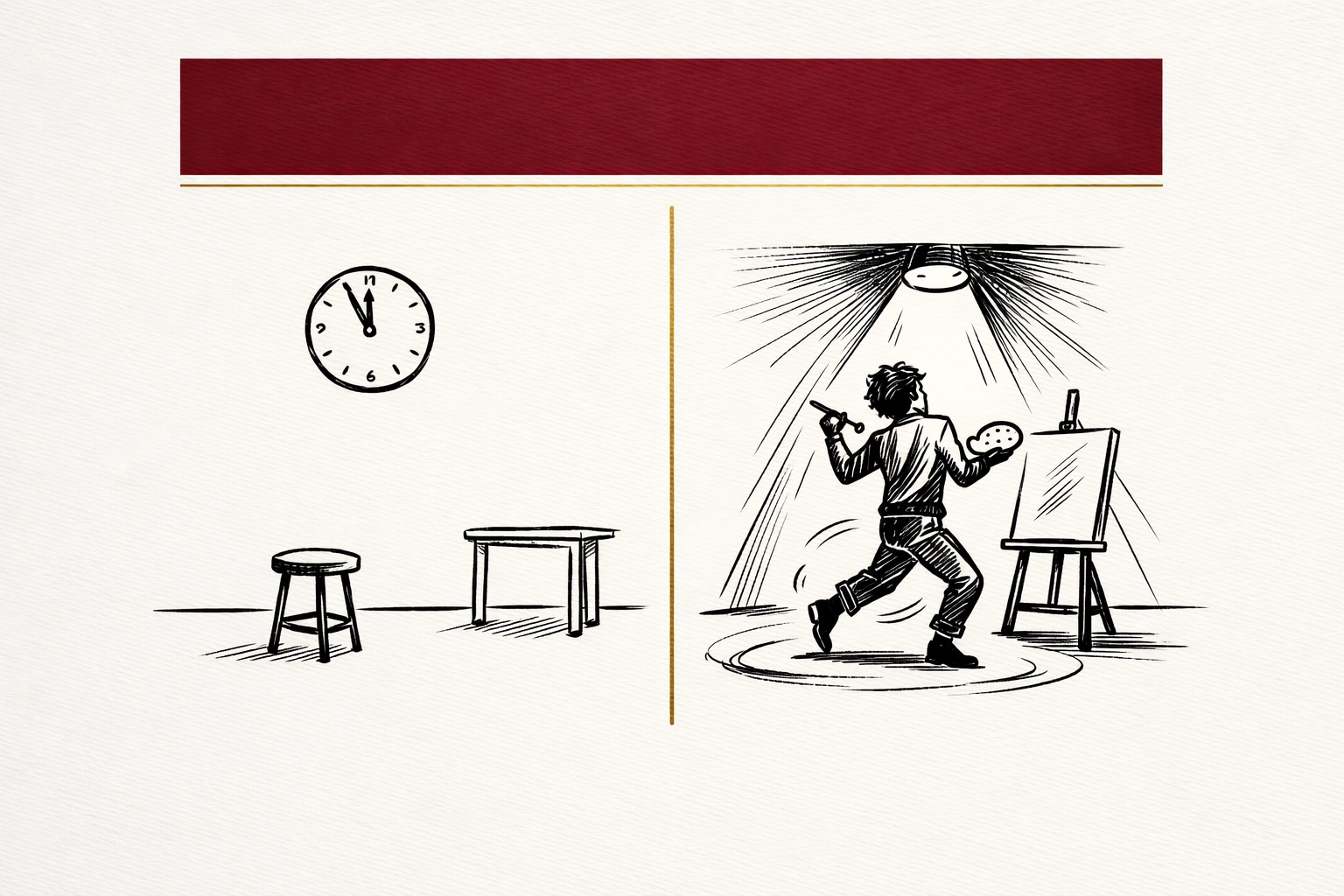 Empty studio space transforming into a vibrant creative stage illustrating IncluHub's vision for creators