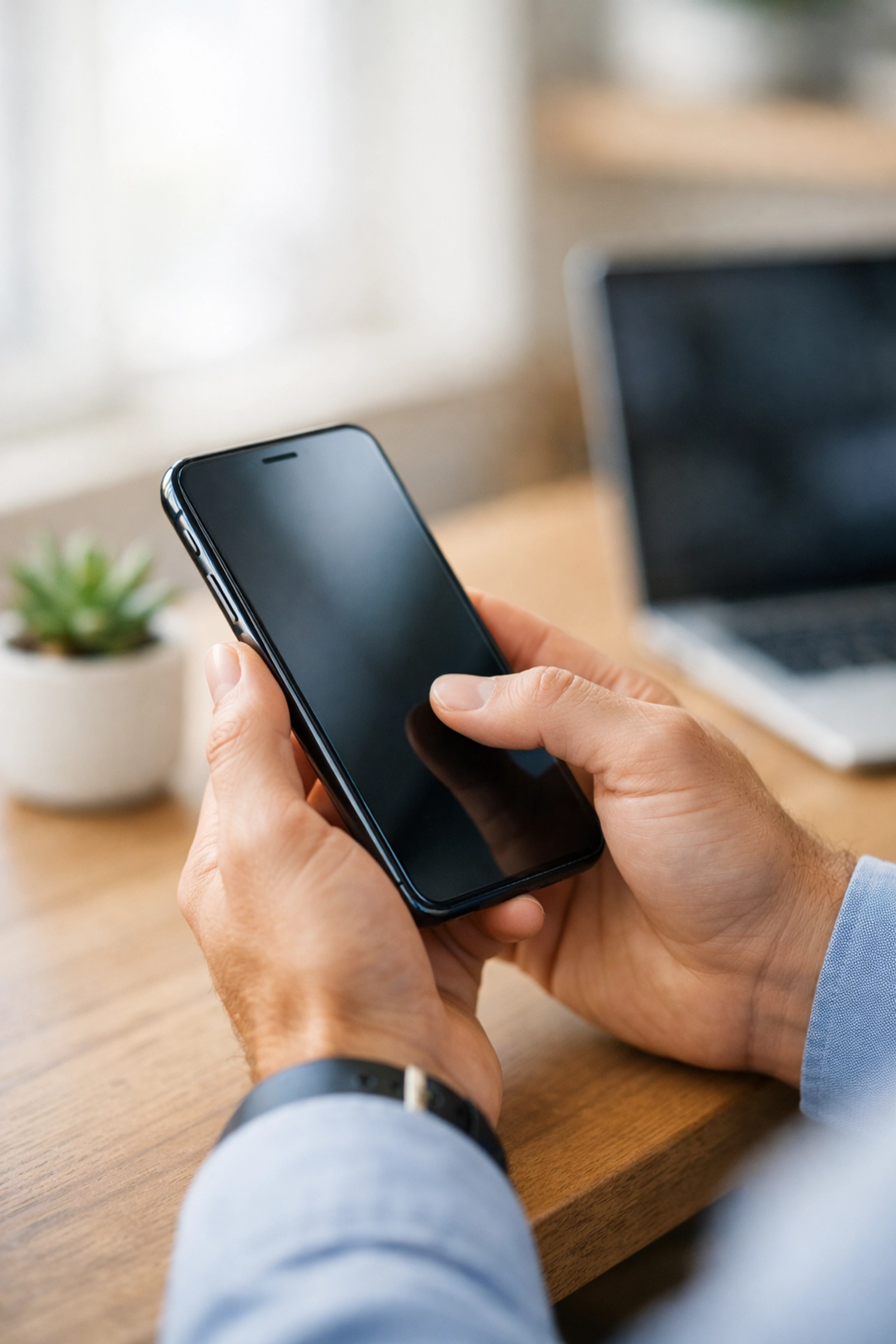 Applying for payday loans online in Canada using a smartphone in a bright home office.