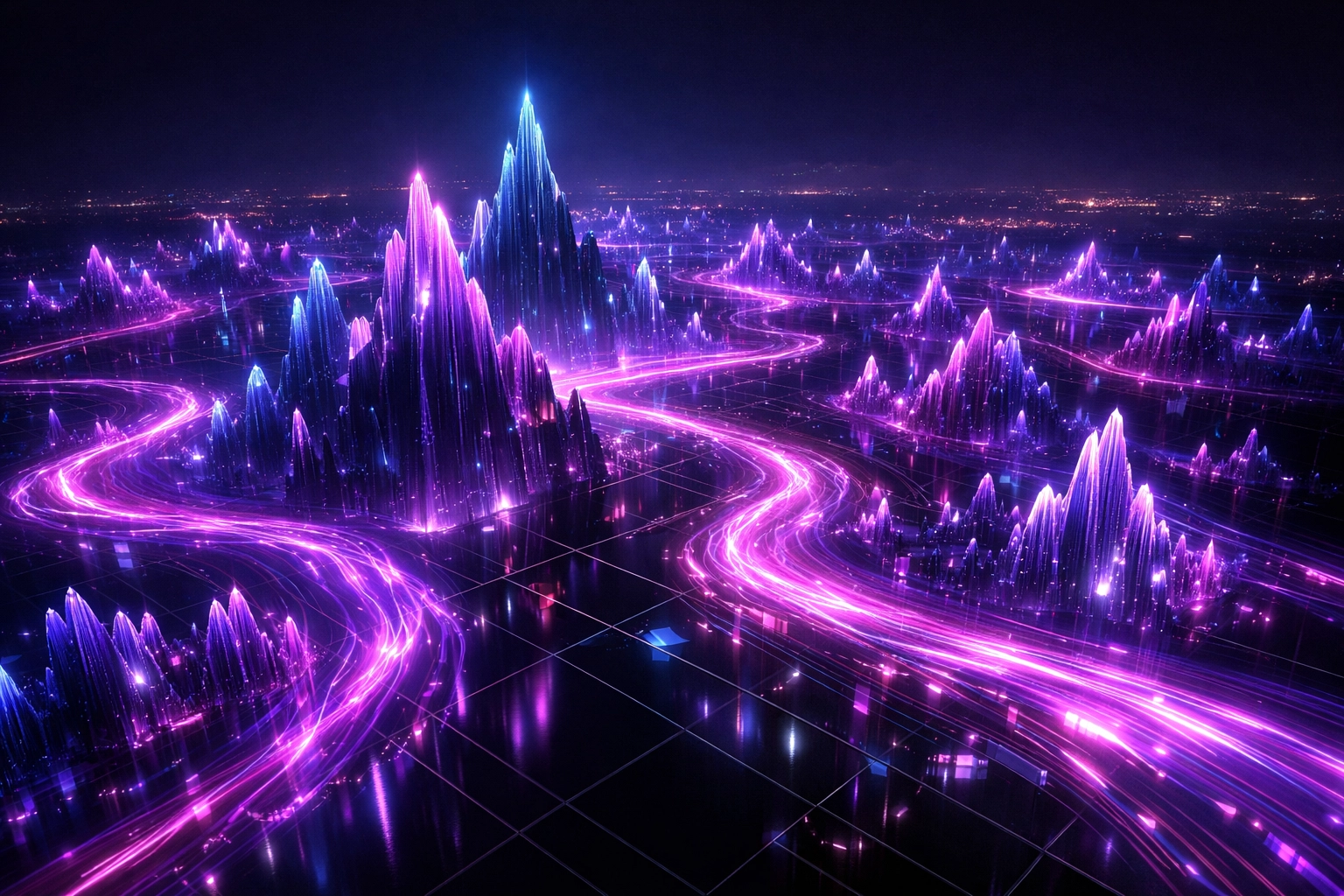 A 3D data landscape of peaks representing topical authority clusters and website engagement metrics.