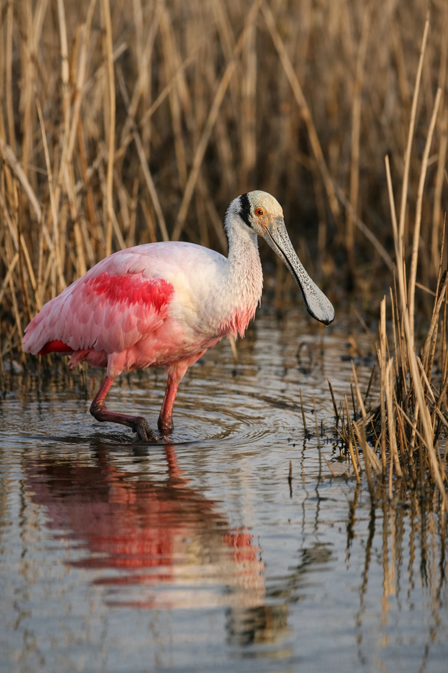 A Roseate Spoonbill wading through the Shark Valley marsh, a prime Everglades wildlife photography spot.