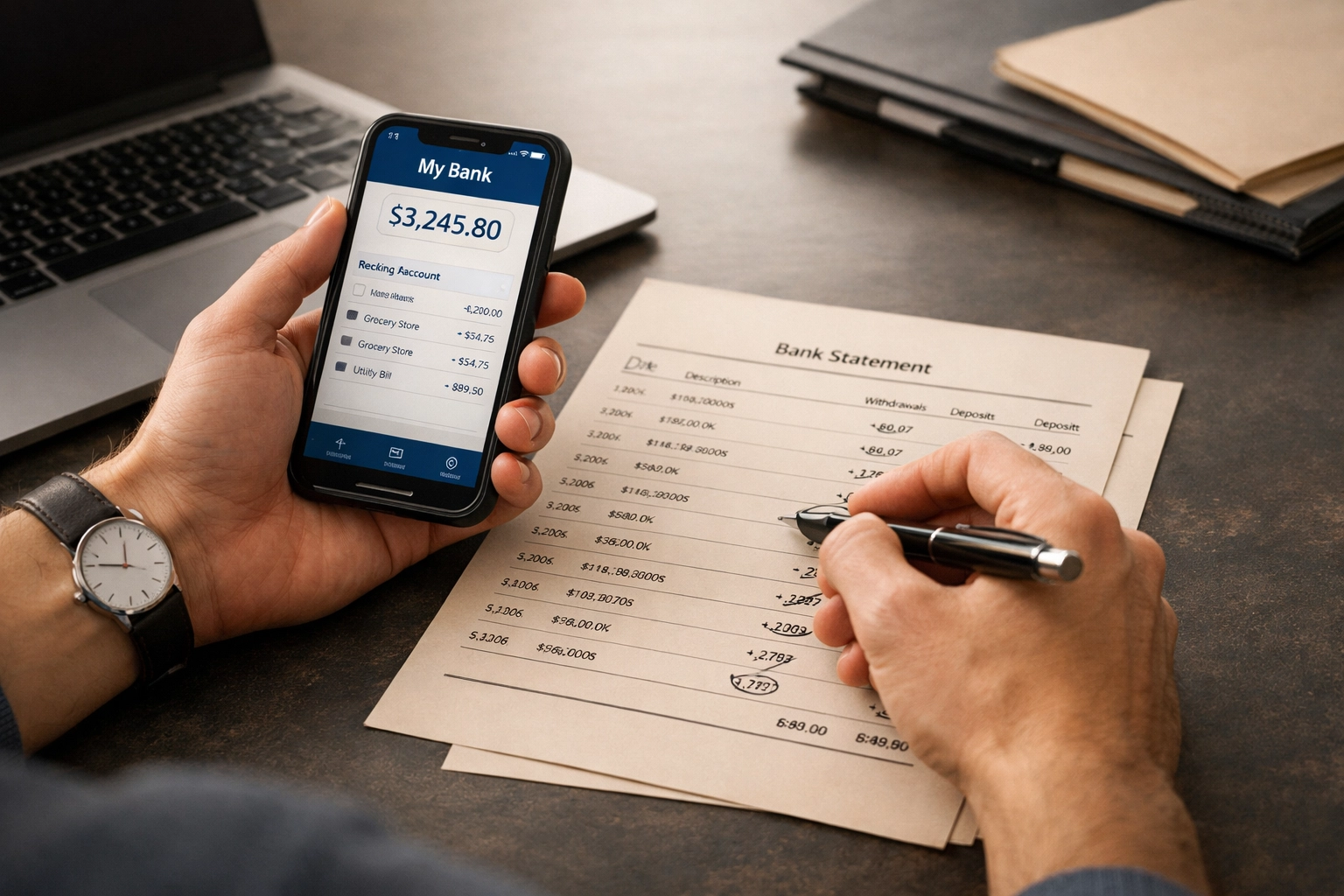 Business owner reconciling bank statements with smartphone for self employed bookkeeping